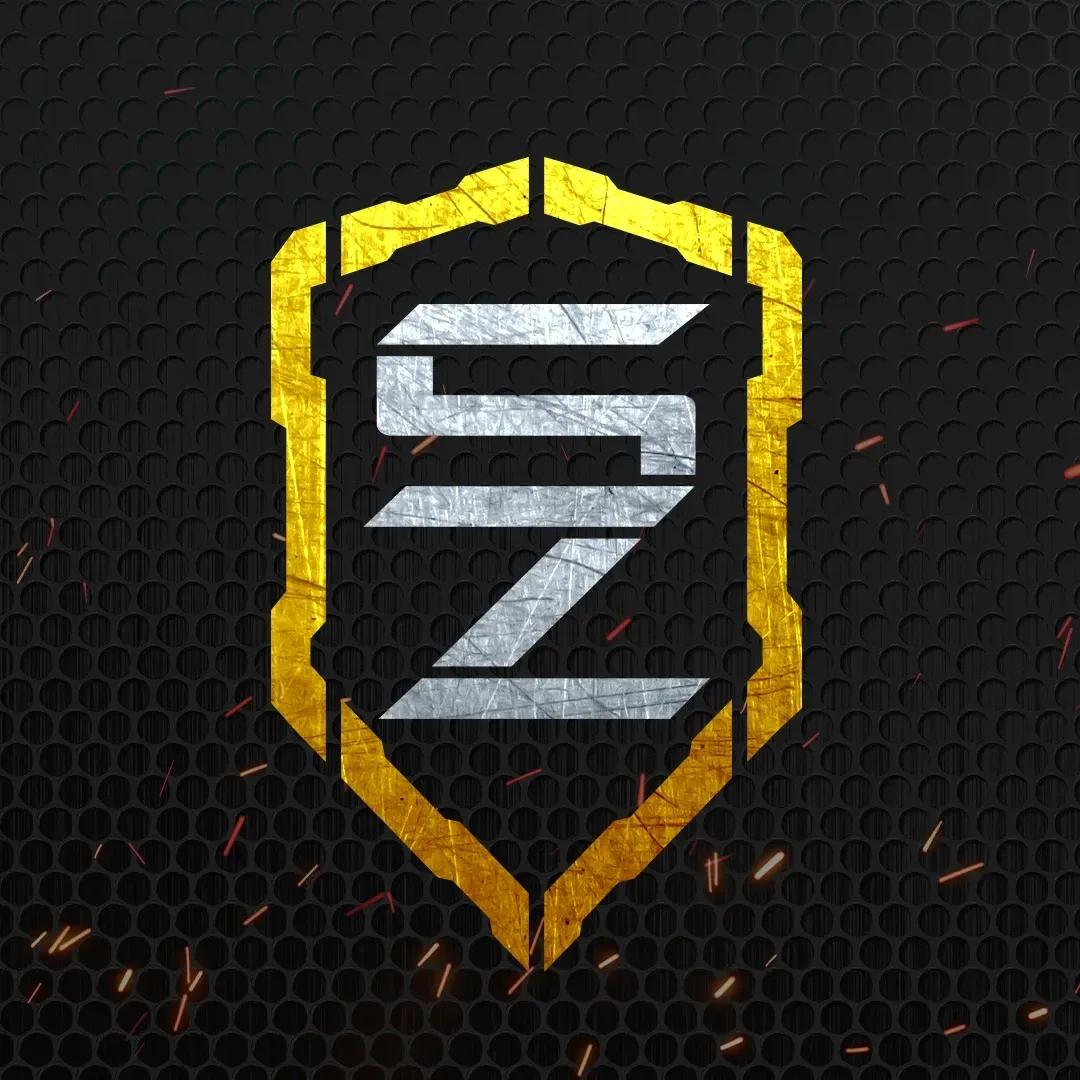 Yellow shield logo with a stylized silver “S” on a dark hexagonal background with ember sparks