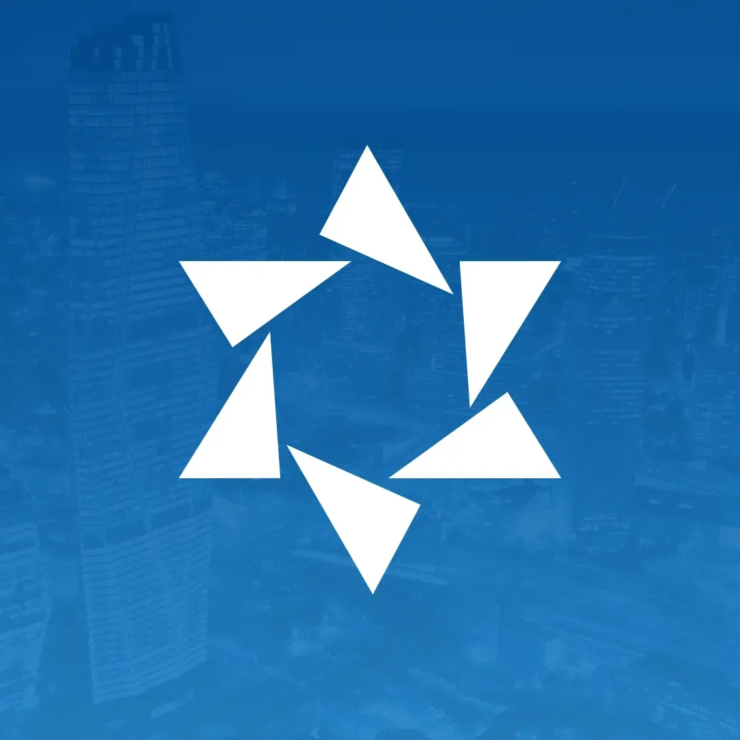 White star-like pinwheel logo on a blue background with a faint cityscape texture