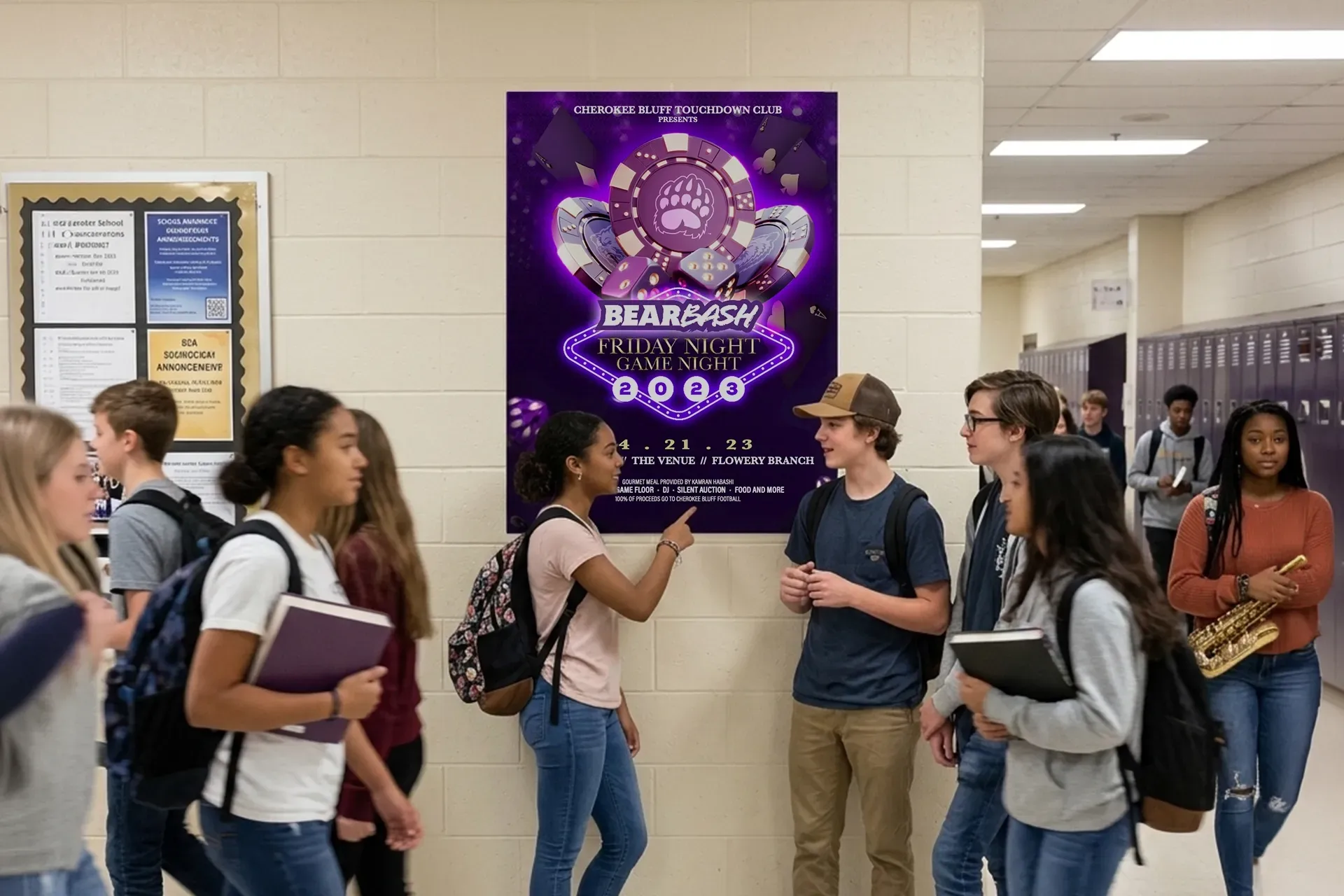 Students chatting in a school hallway beneath a purple “Hearts” poster.