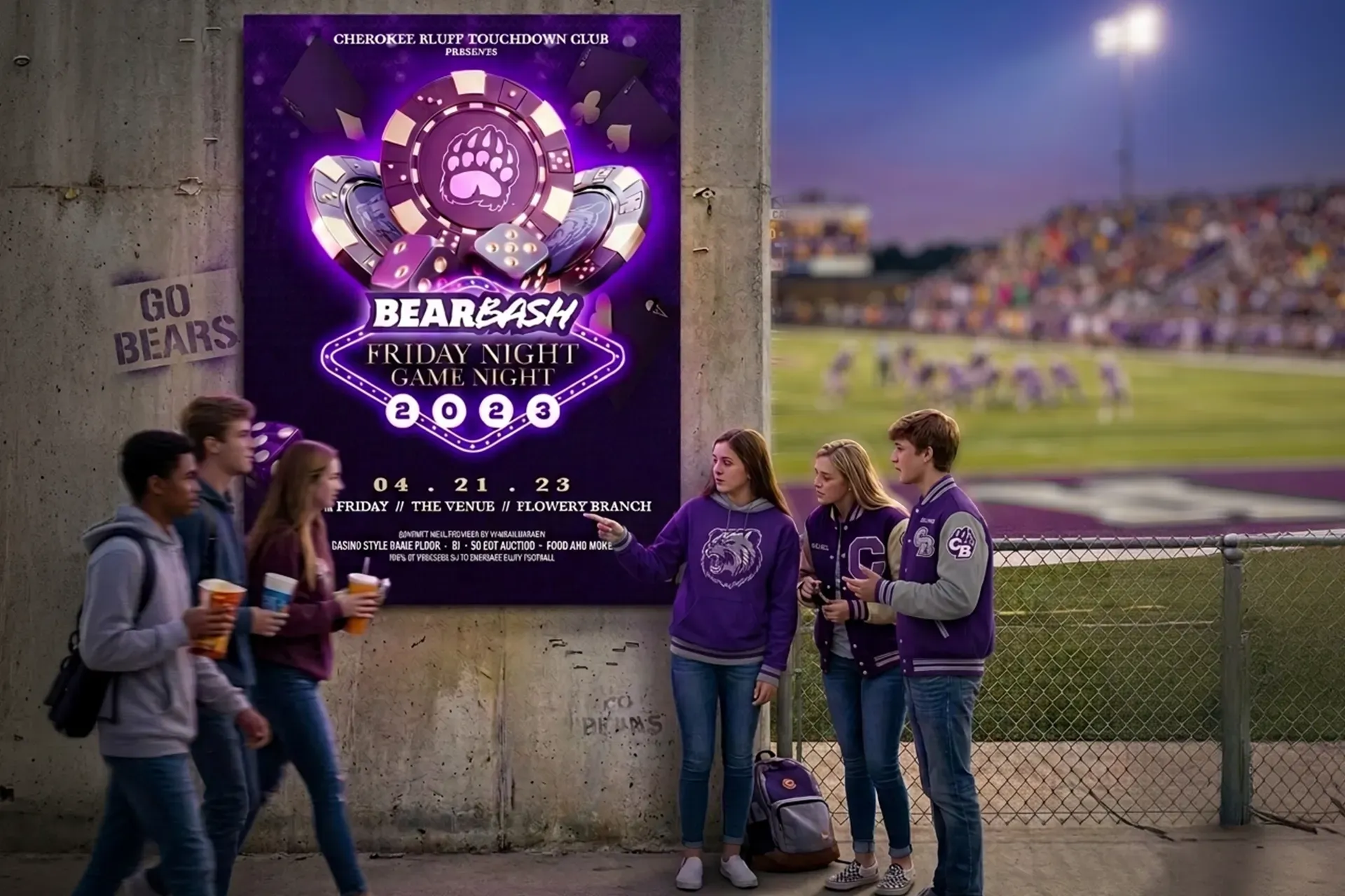 Students with purple flyers stand by a glowing purple football game poster at a stadium.