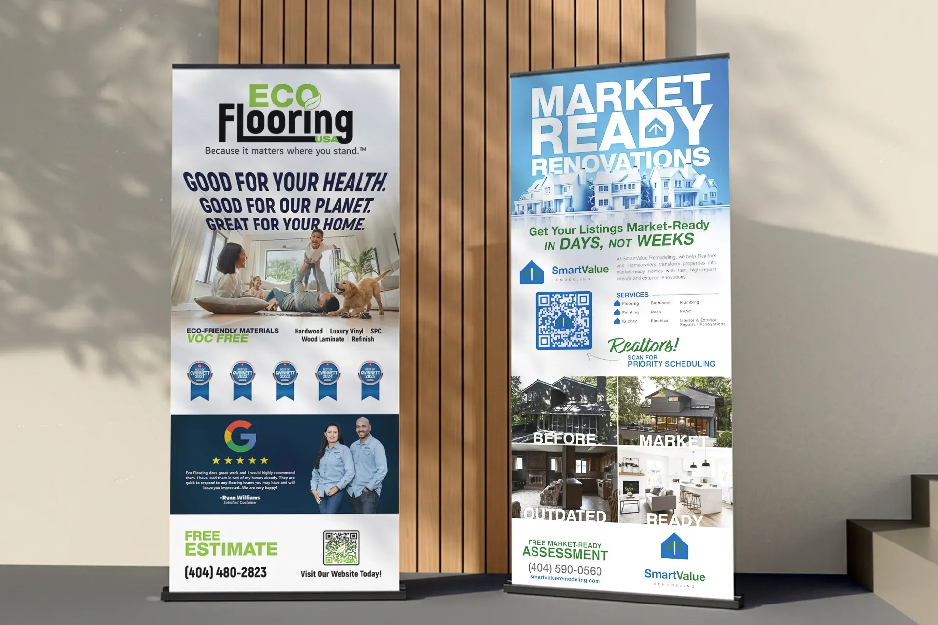 Two standing promotional banners for Eco Foaming and Market Ready Renewables in a wood-paneled room.