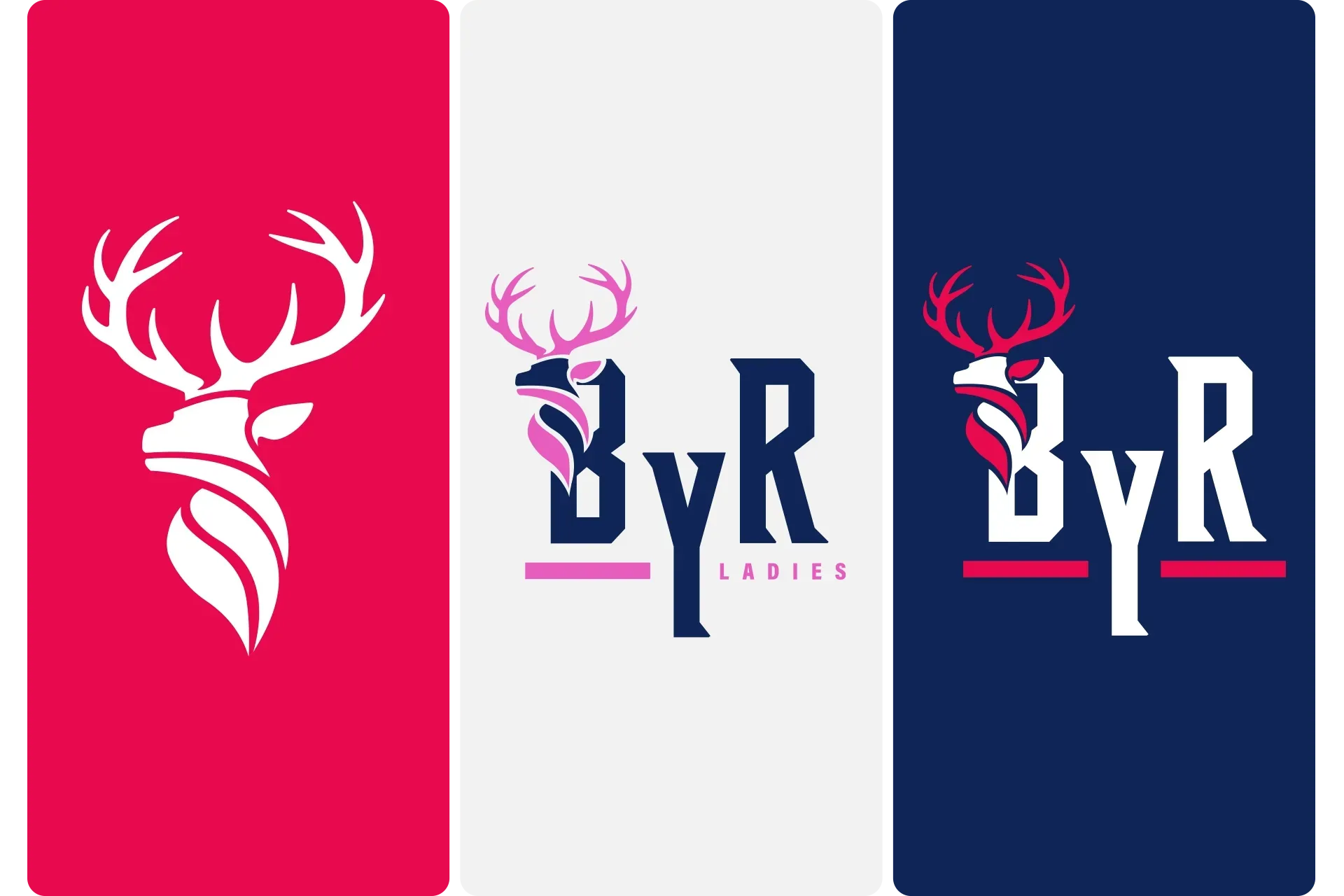 Three deer logo designs on pink, white, and navy backgrounds with “ByR” lettering.