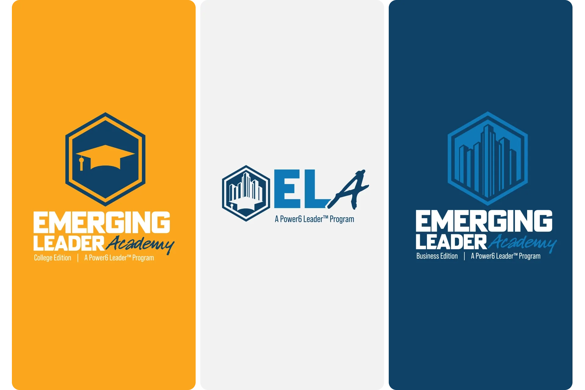 Three ELA Academy logo banners in orange, white, and blue.