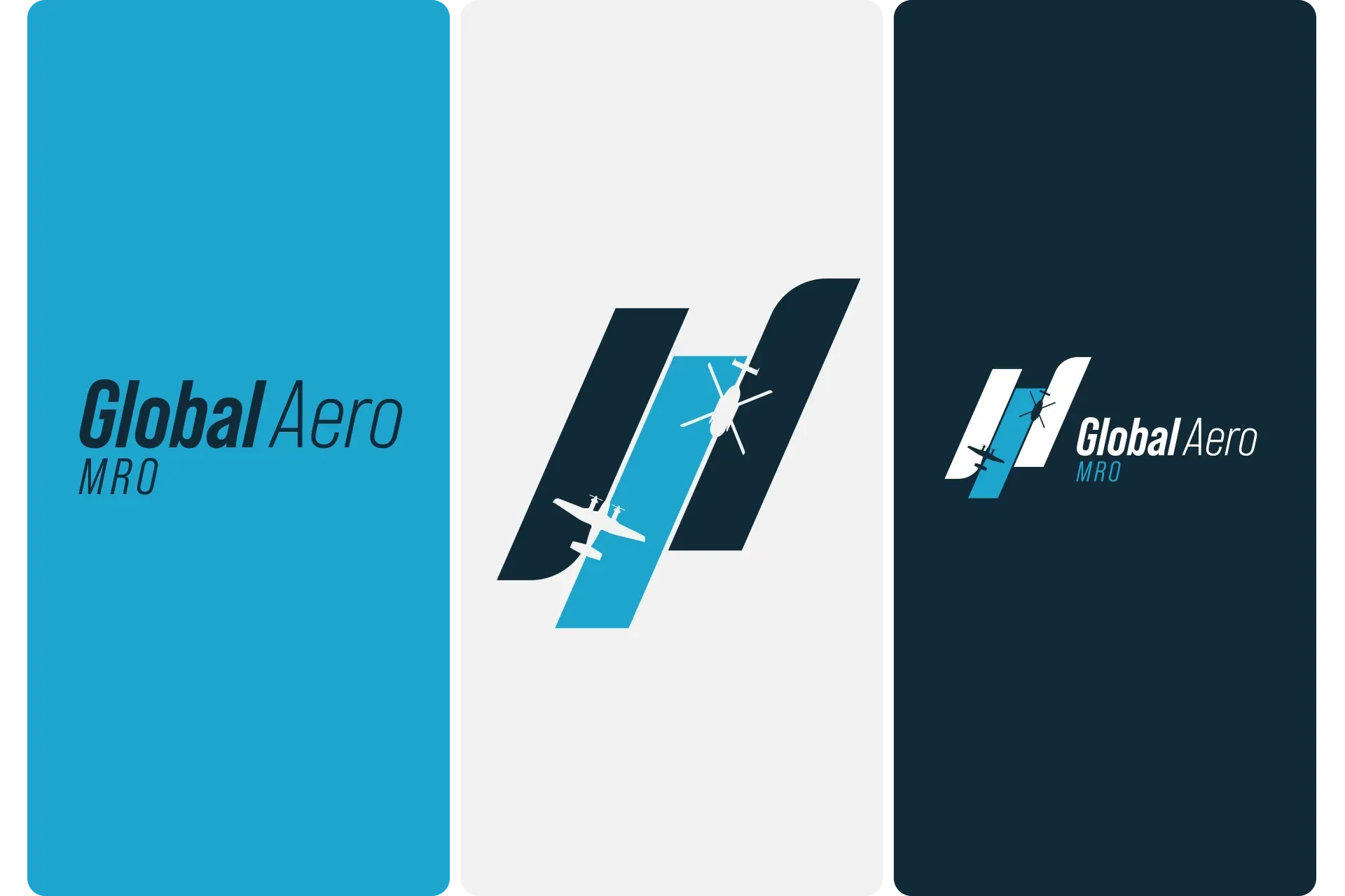 Three Global Aero logo designs in blue, black, and white panels.