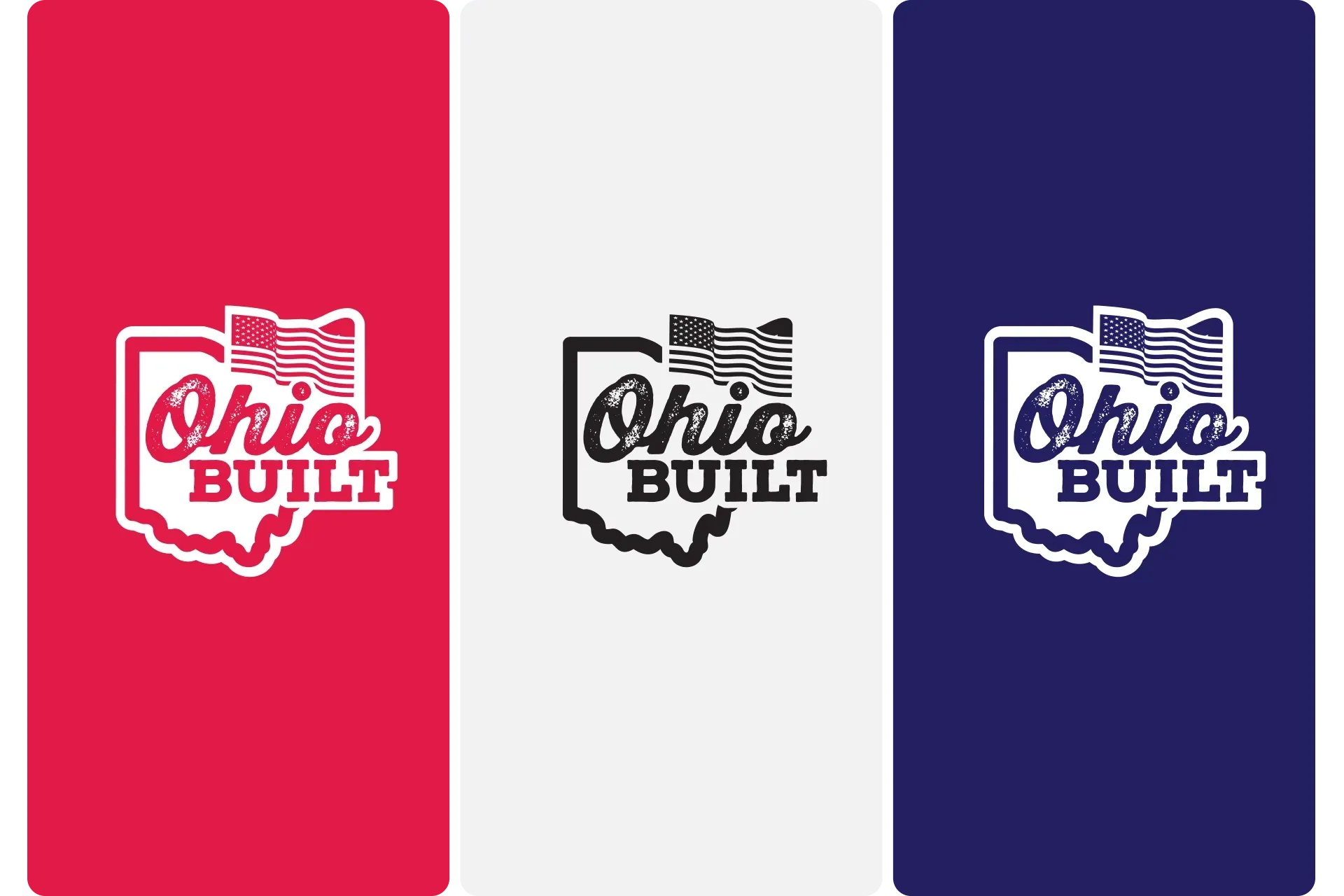 Three Ohio Built logos on red, white, and navy backgrounds.