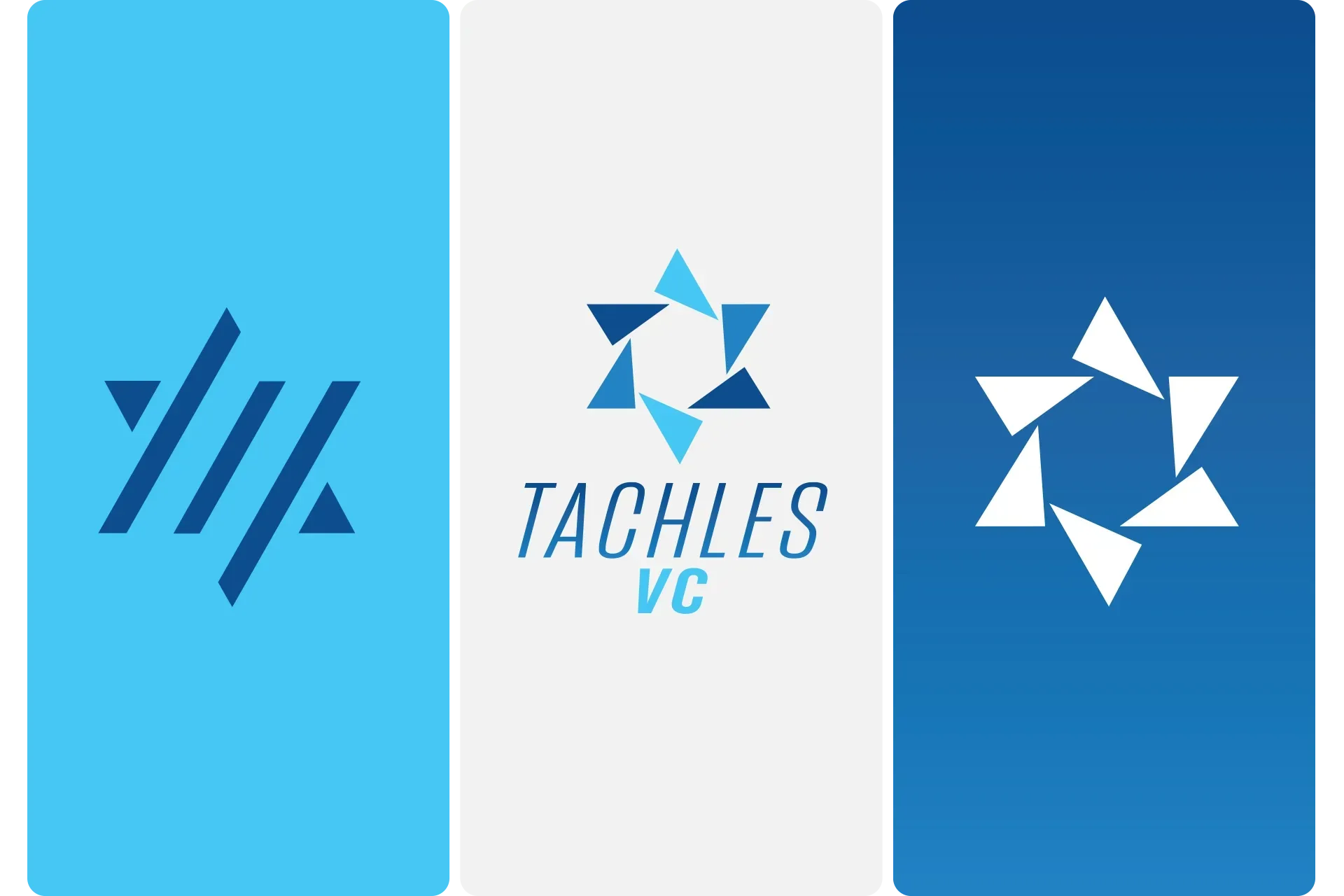 Three-panel logo: blue abstract marks, central “TACHLES VC” text, and a white star icon on blue.