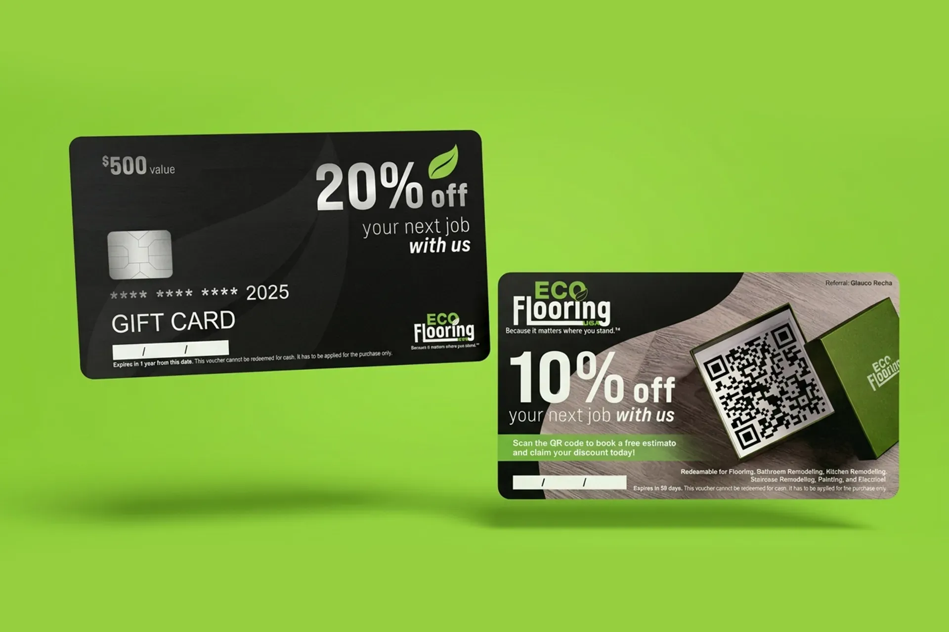 Black and green gift card and eco flooring coupon cards showing 20% off and 10% off deals