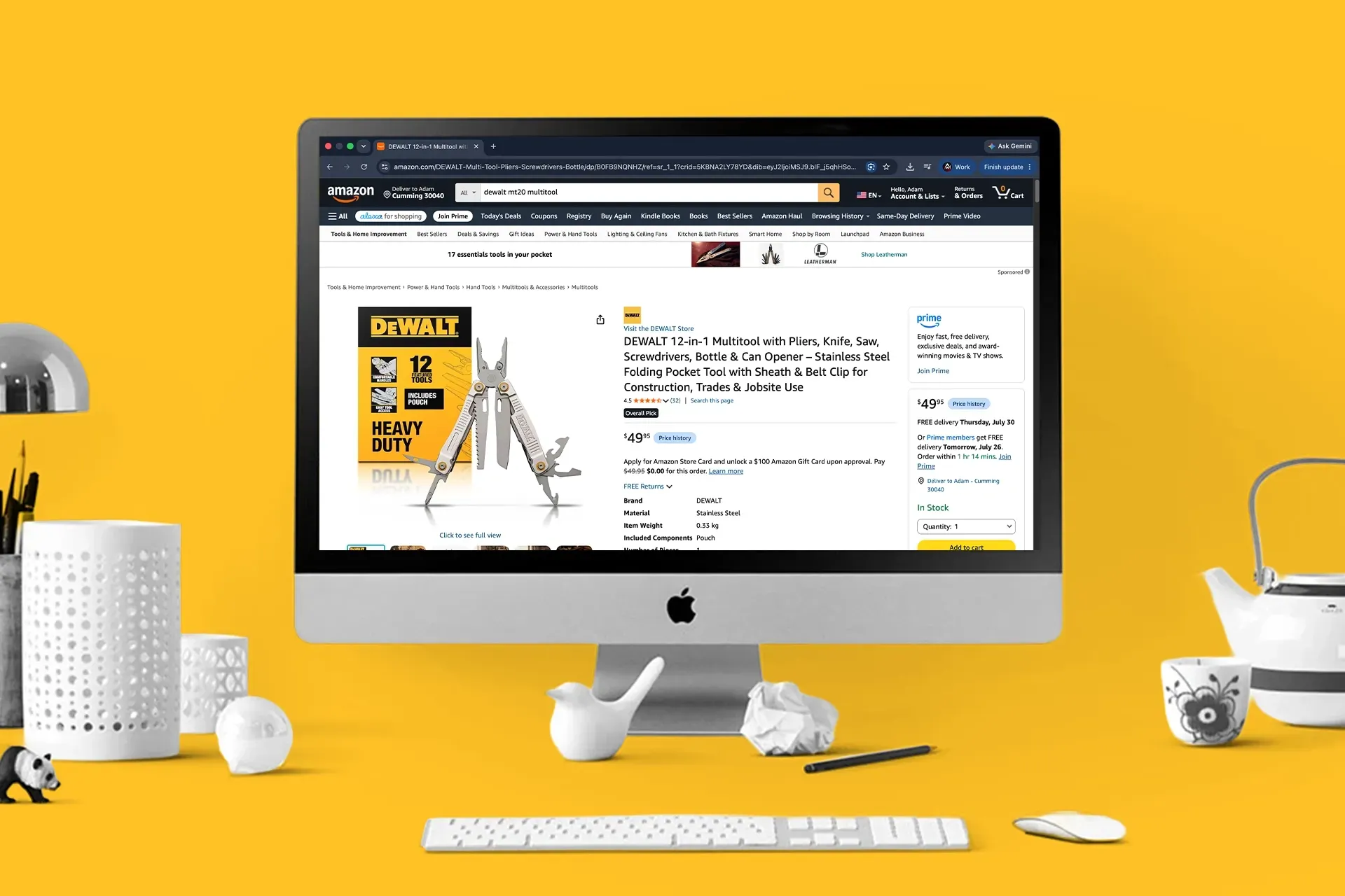 IMac displaying an online shopping page on a bright yellow desk with white accessories