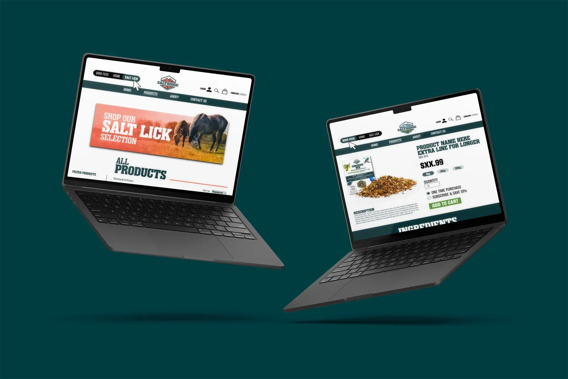 Two floating laptops showing a food delivery website on a teal background
