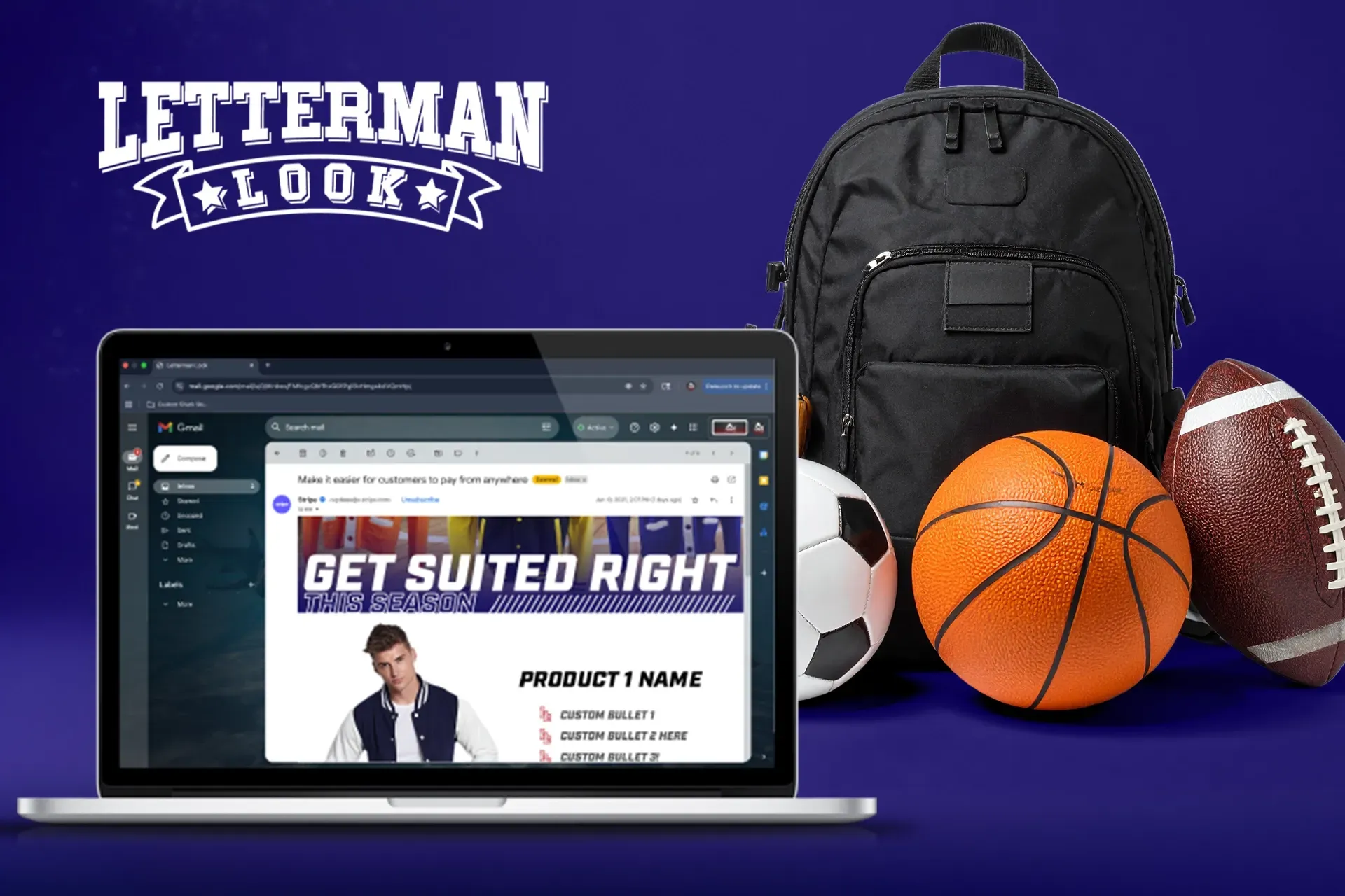 Laptop, black backpack, basketball and football on blue background with Letterman Club logo