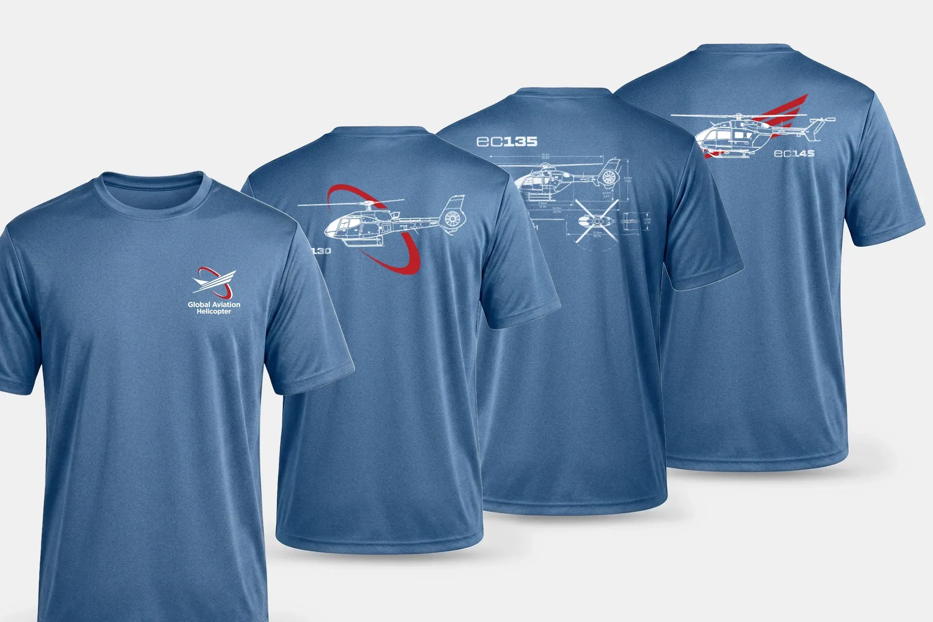 Blue T-shirts with a white and red graphic design shown from front, side, and back views