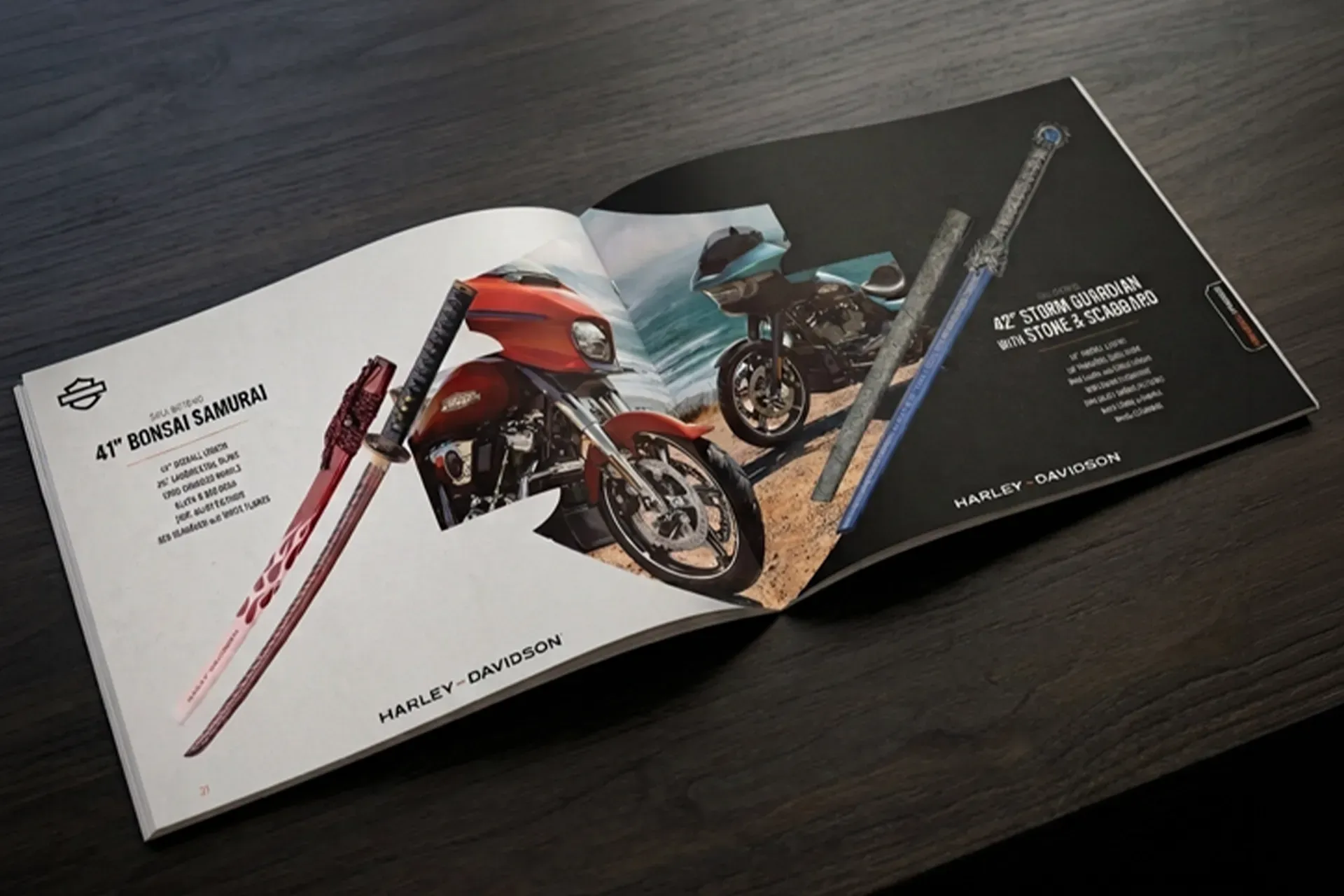 Open motorcycle brochure showing red and blue sport bikes on a dark table
