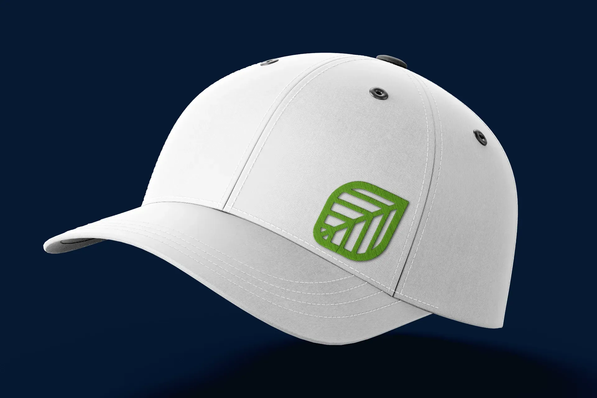 White baseball cap with a green logo on the front, shown against a dark blue background