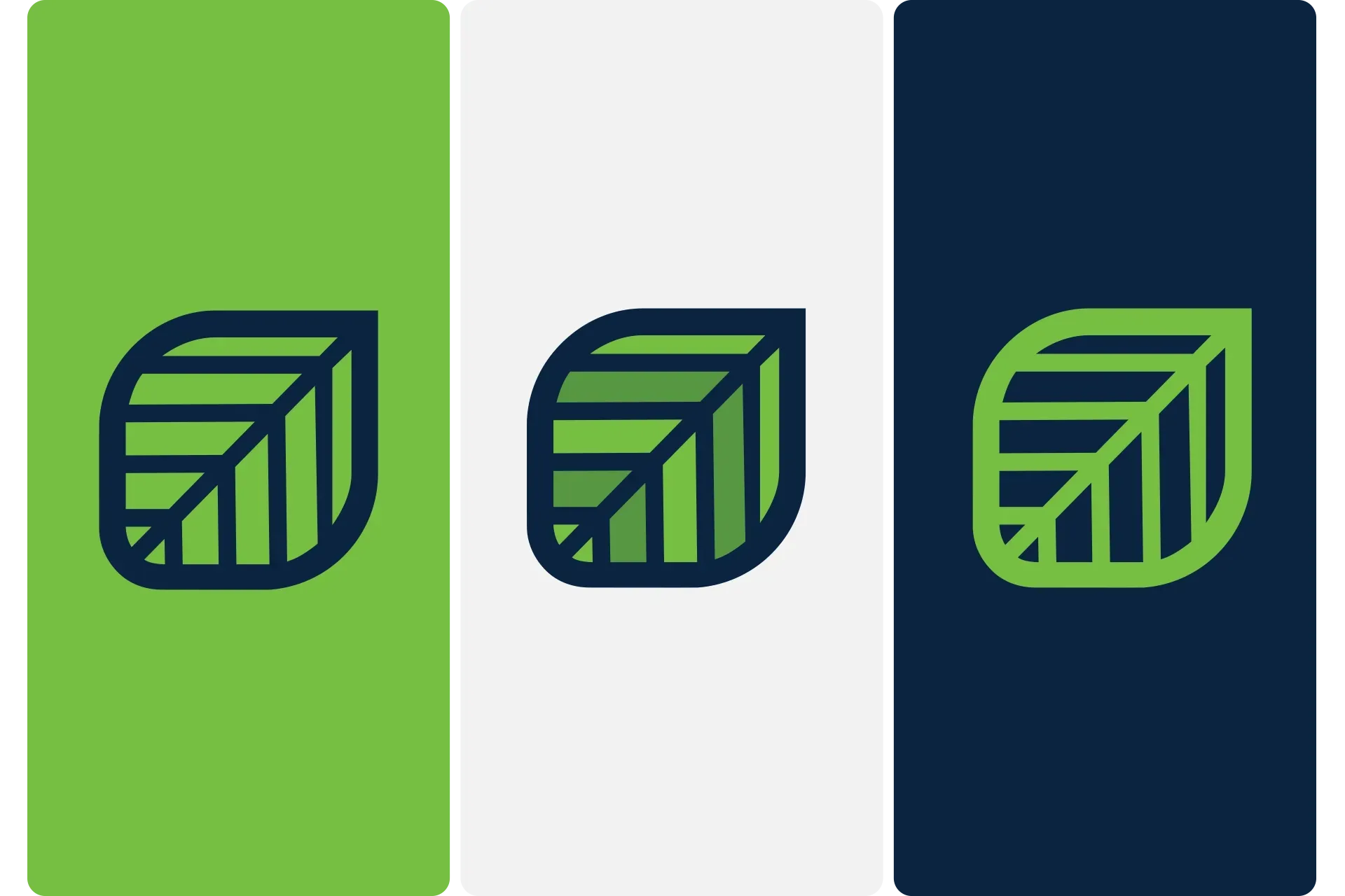 Three app-style leaf icons on green, white, and navy panels in green and dark blue.