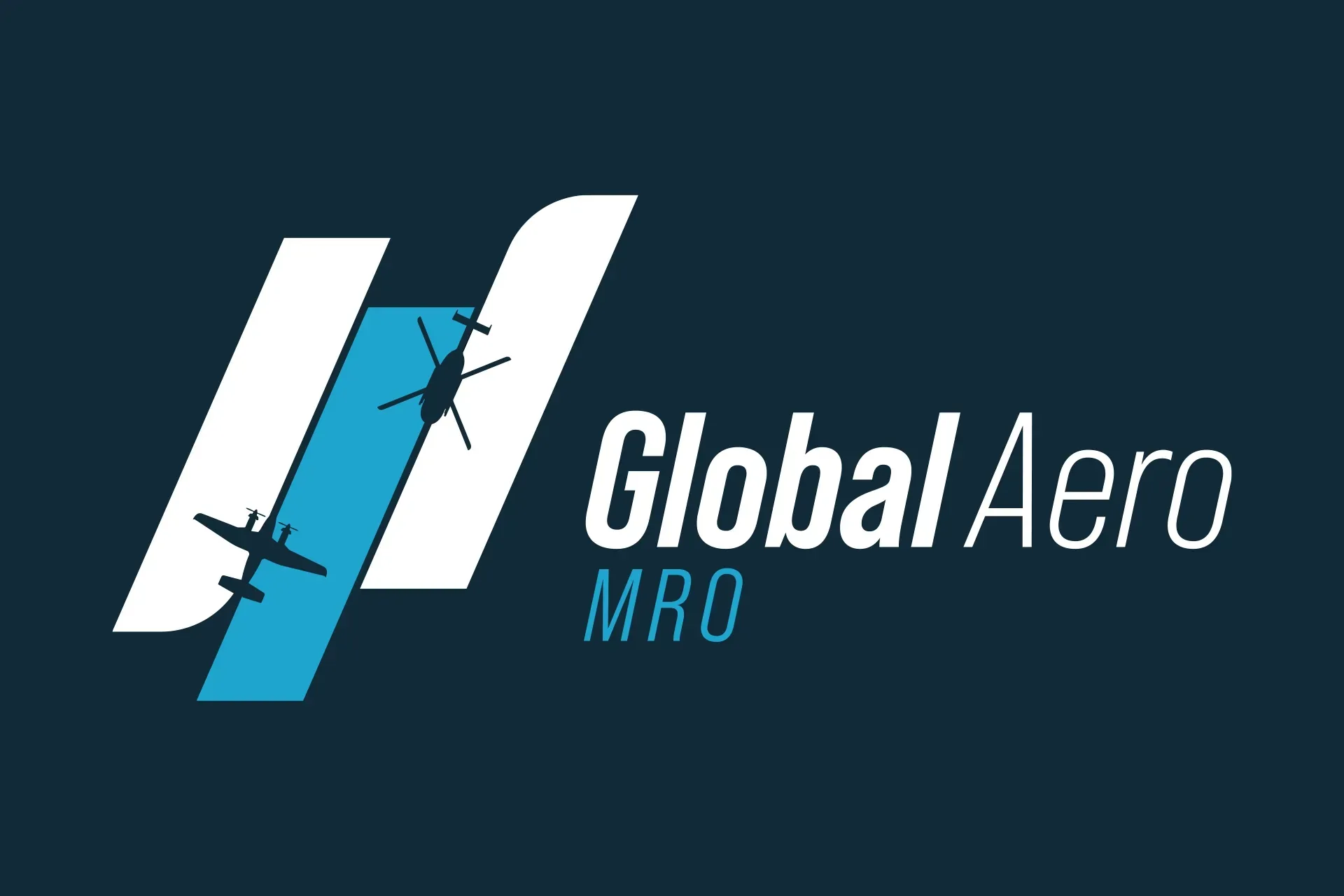Global Aero MRO logo on a dark blue background with stylized white and teal text and aircraft silhouettes