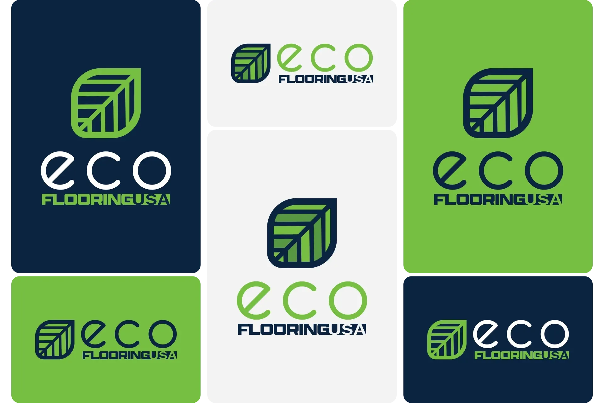 Collage of Eco Flooring Pro logos on navy, green, and white backgrounds