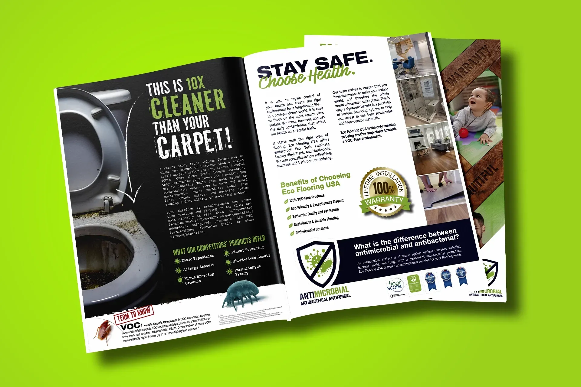 Spread of a safety brochure on a bright green background, with text and photos about cleaning and caution.