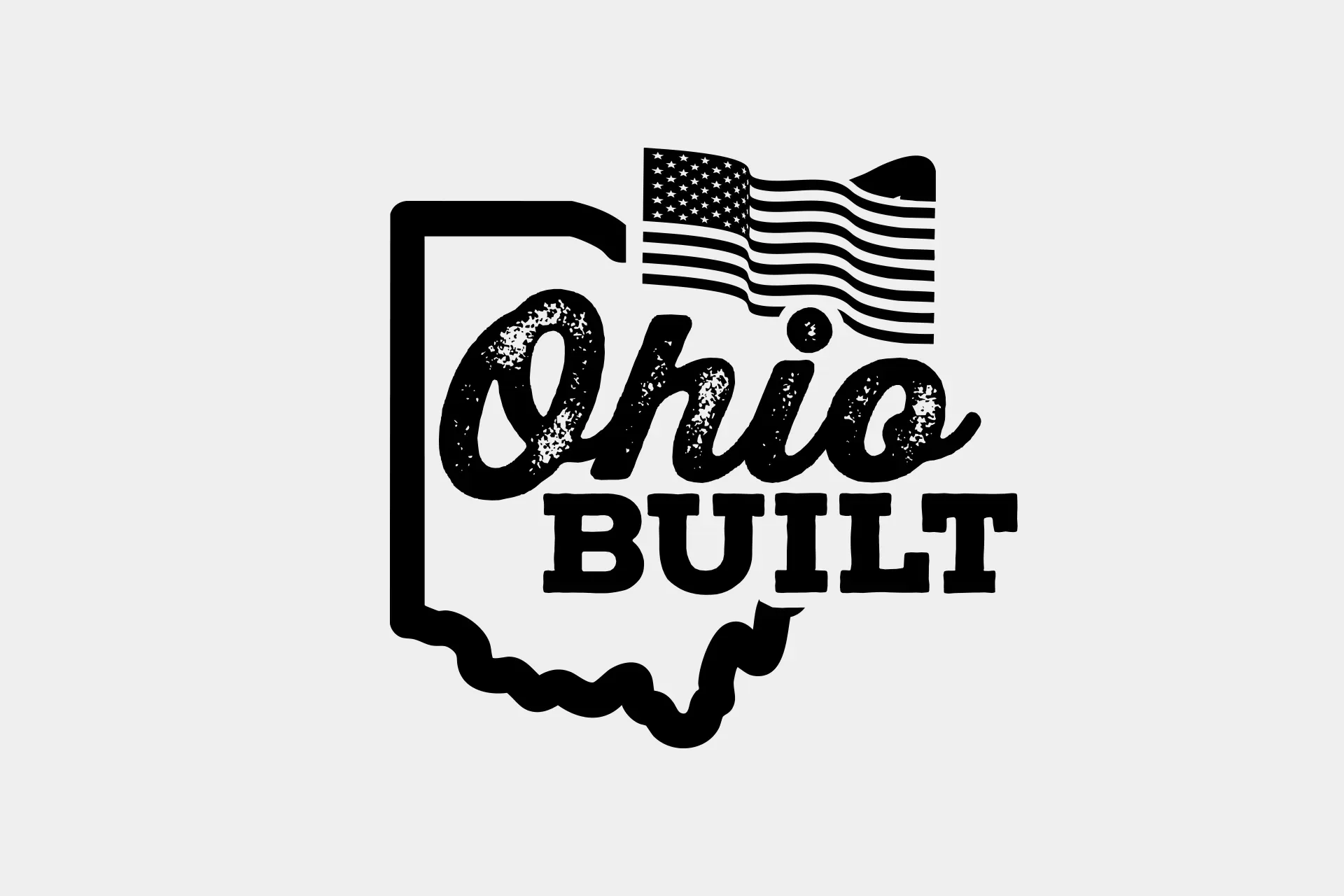 Black Ohio outline with stylized “Ohio Built” text and a waving American flag above.