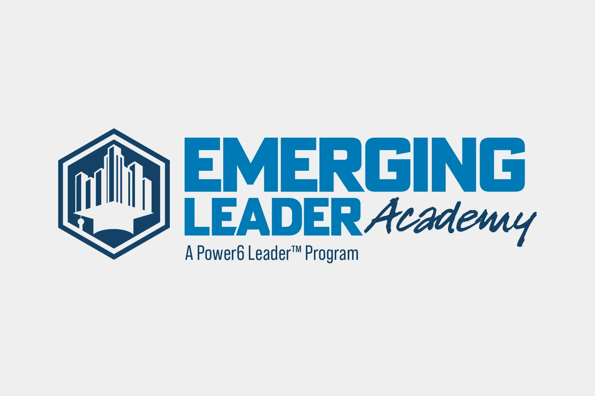Emerging Leader Academy logo in blue with a book and city icon, plus “A Power&Leader Program” tagline