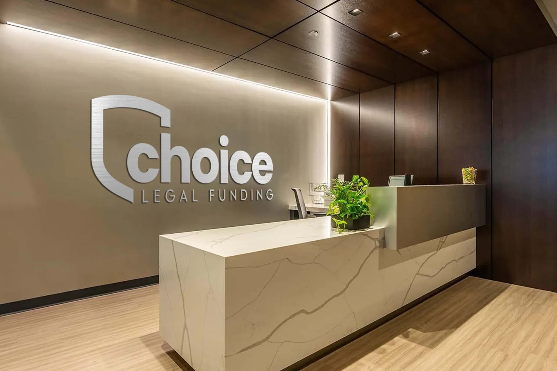 Modern office reception desk with illuminated 