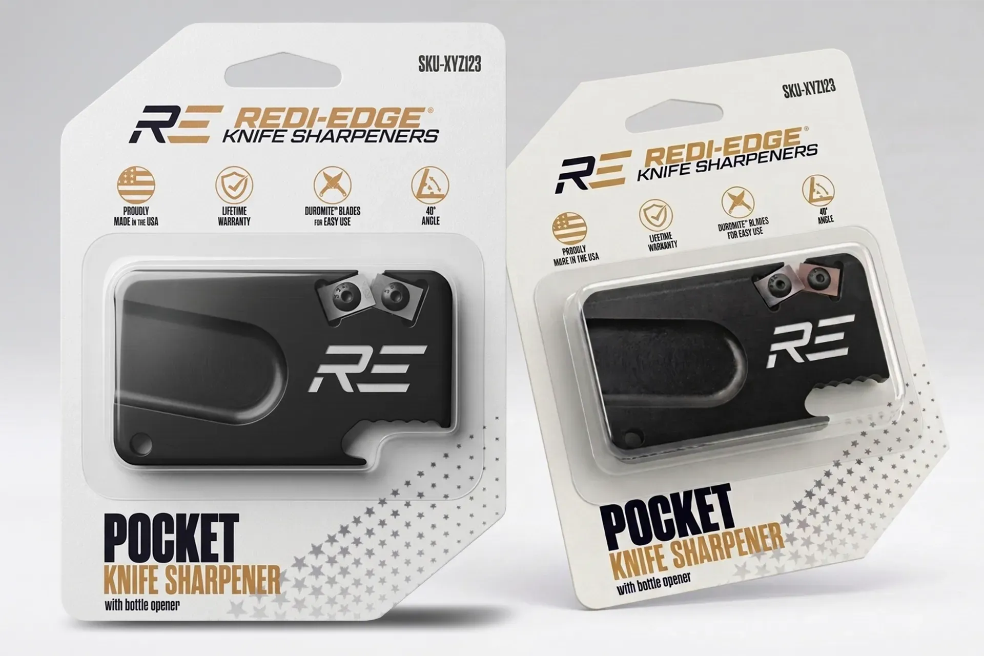 Pocket knife sharpener in black packaging, shown front and angled views on white background