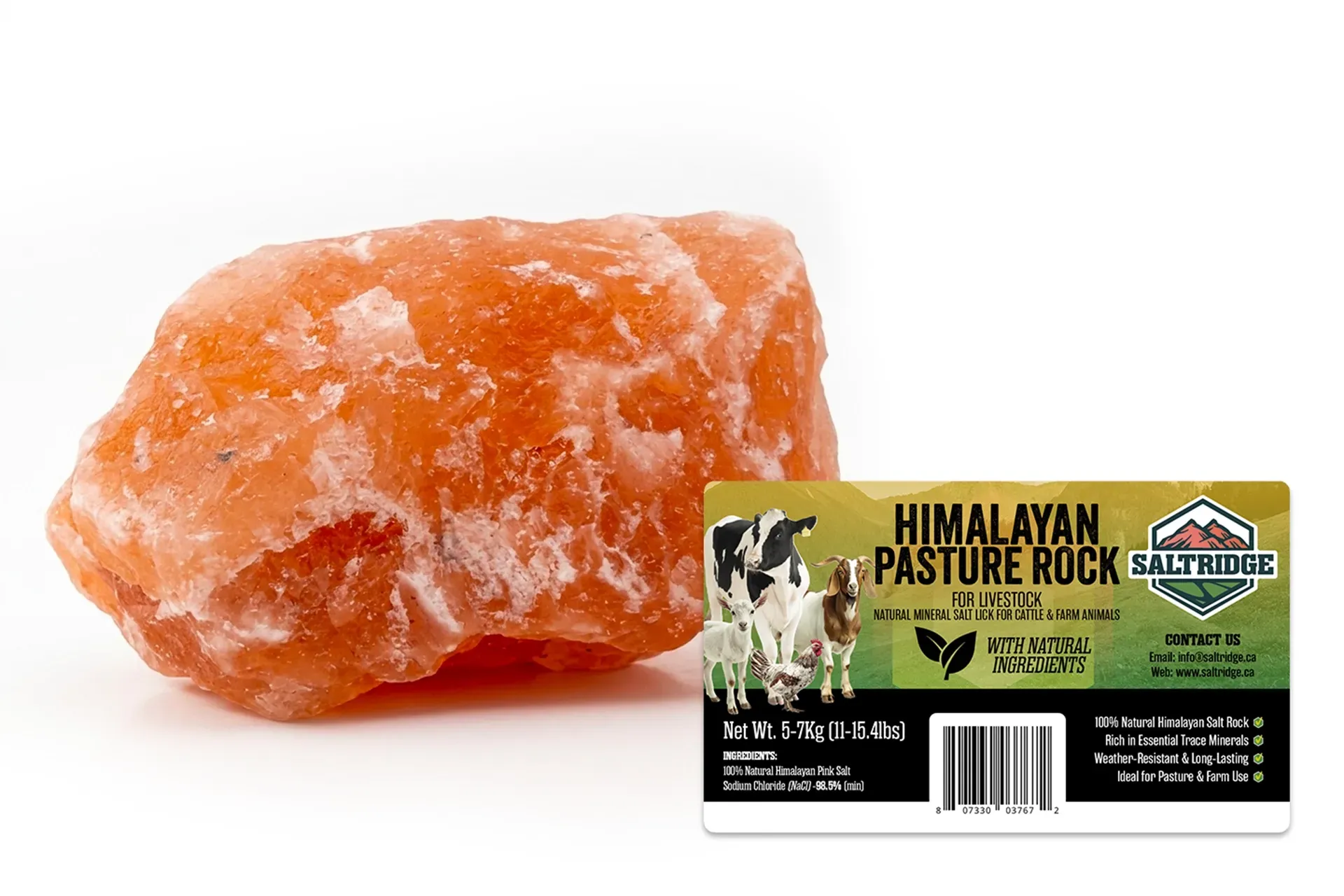 Orange Himalayan salt rock with a small pasture rock salt package beside it on a white background