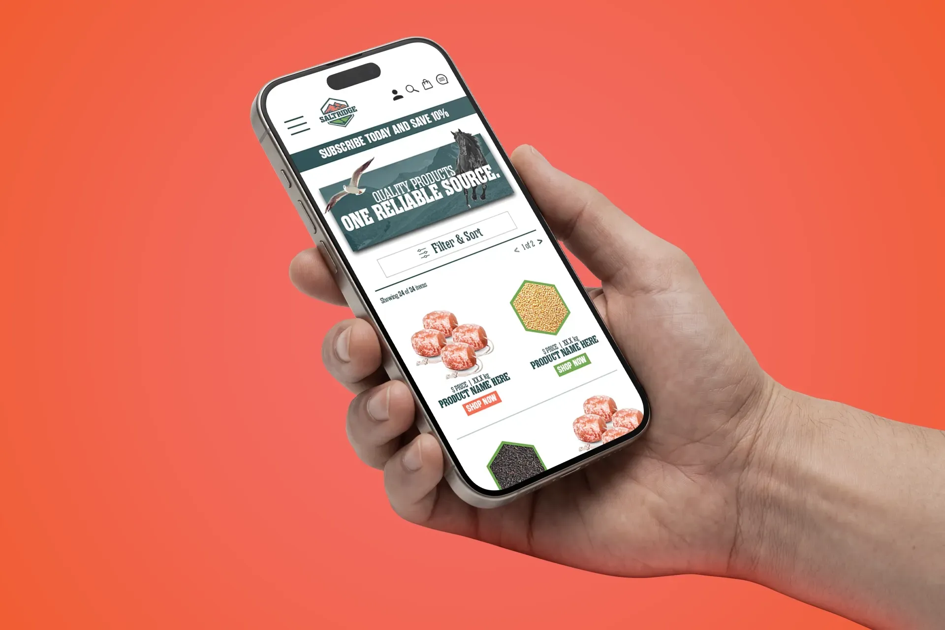 Hand holding a smartphone displaying a food-ordering app on a coral background