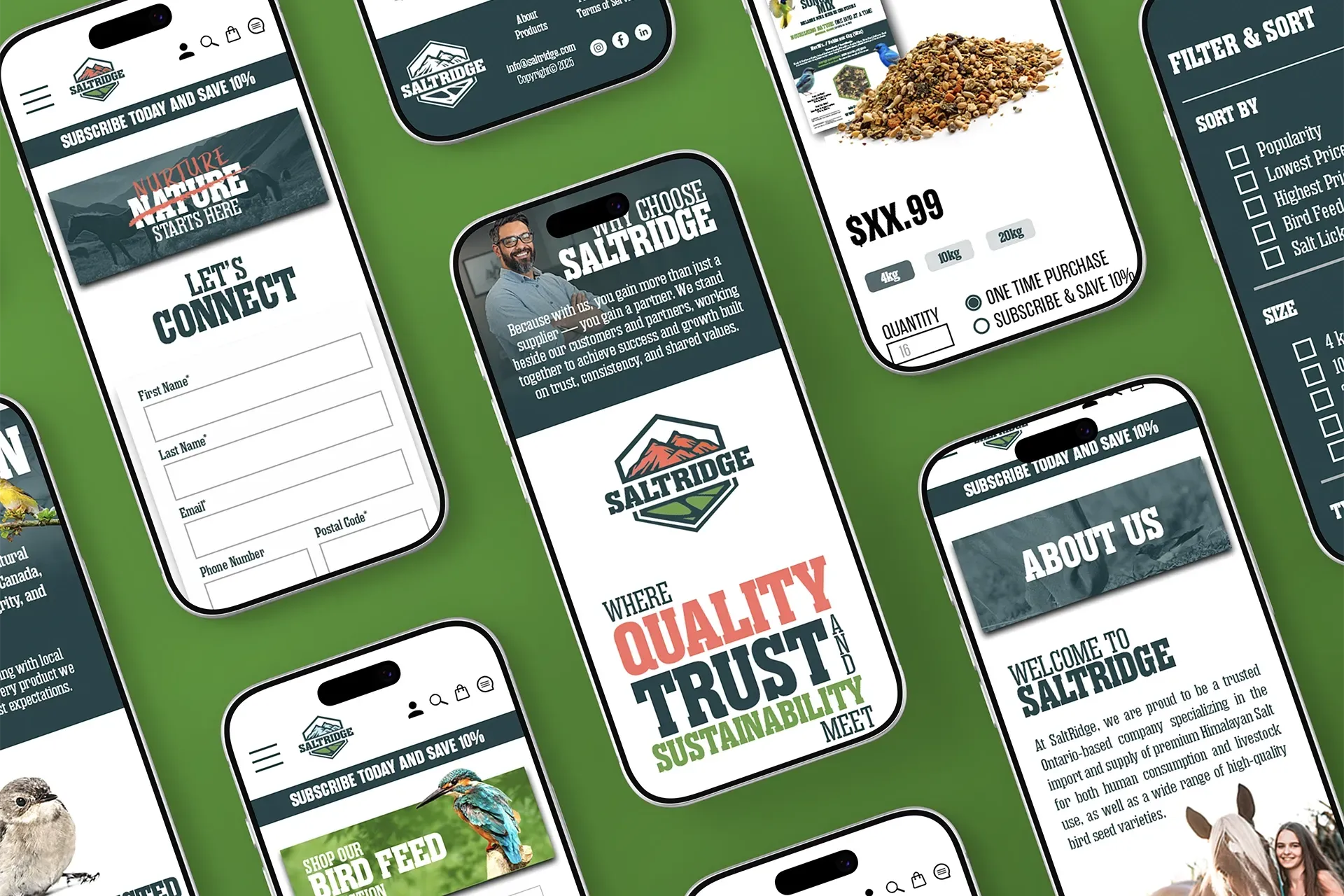Marketing mockup of green and white mobile app screens for a coffee brand, showing menus, about page, and logos