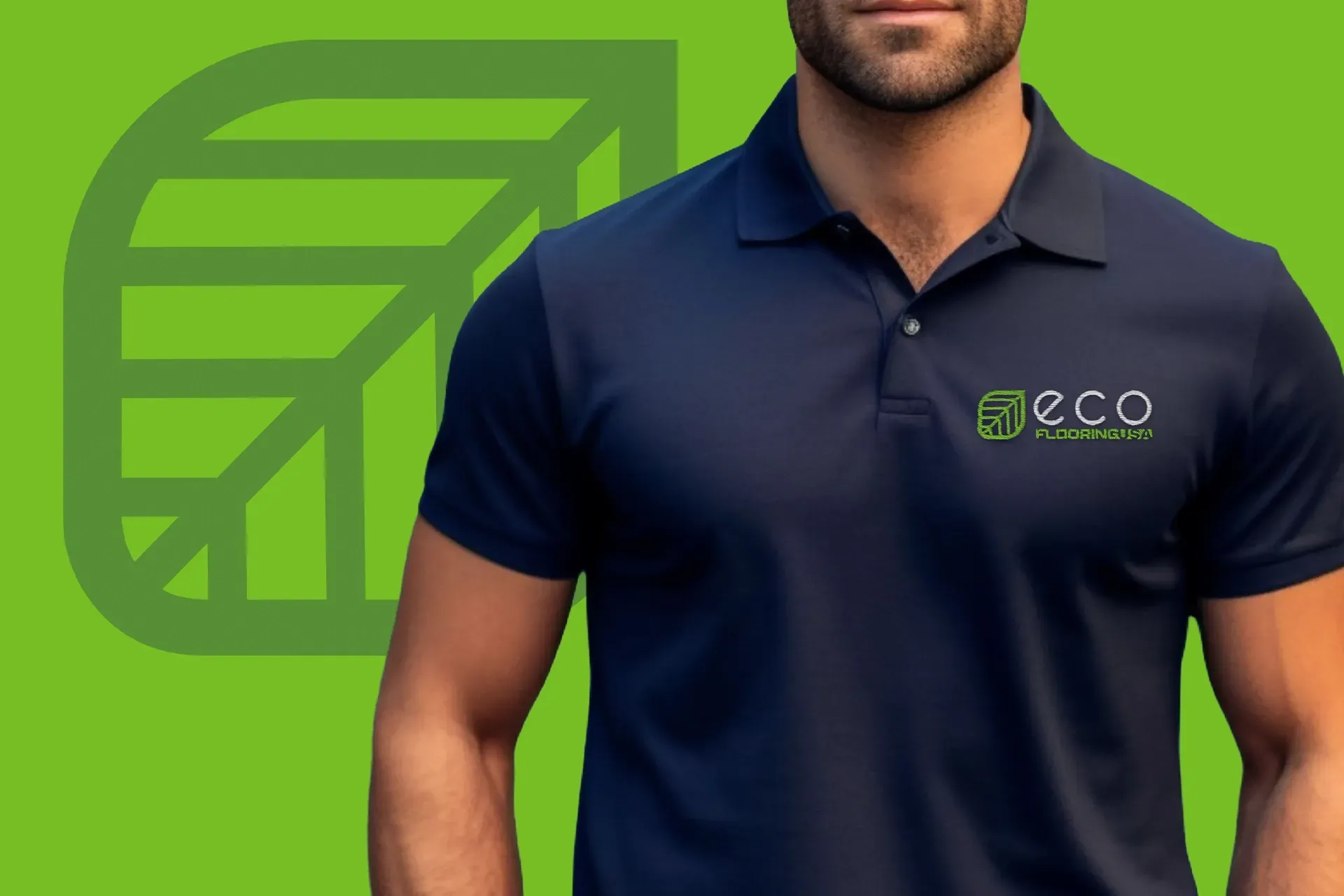 Man in navy polo with green eco logo beside a bright green graphic background