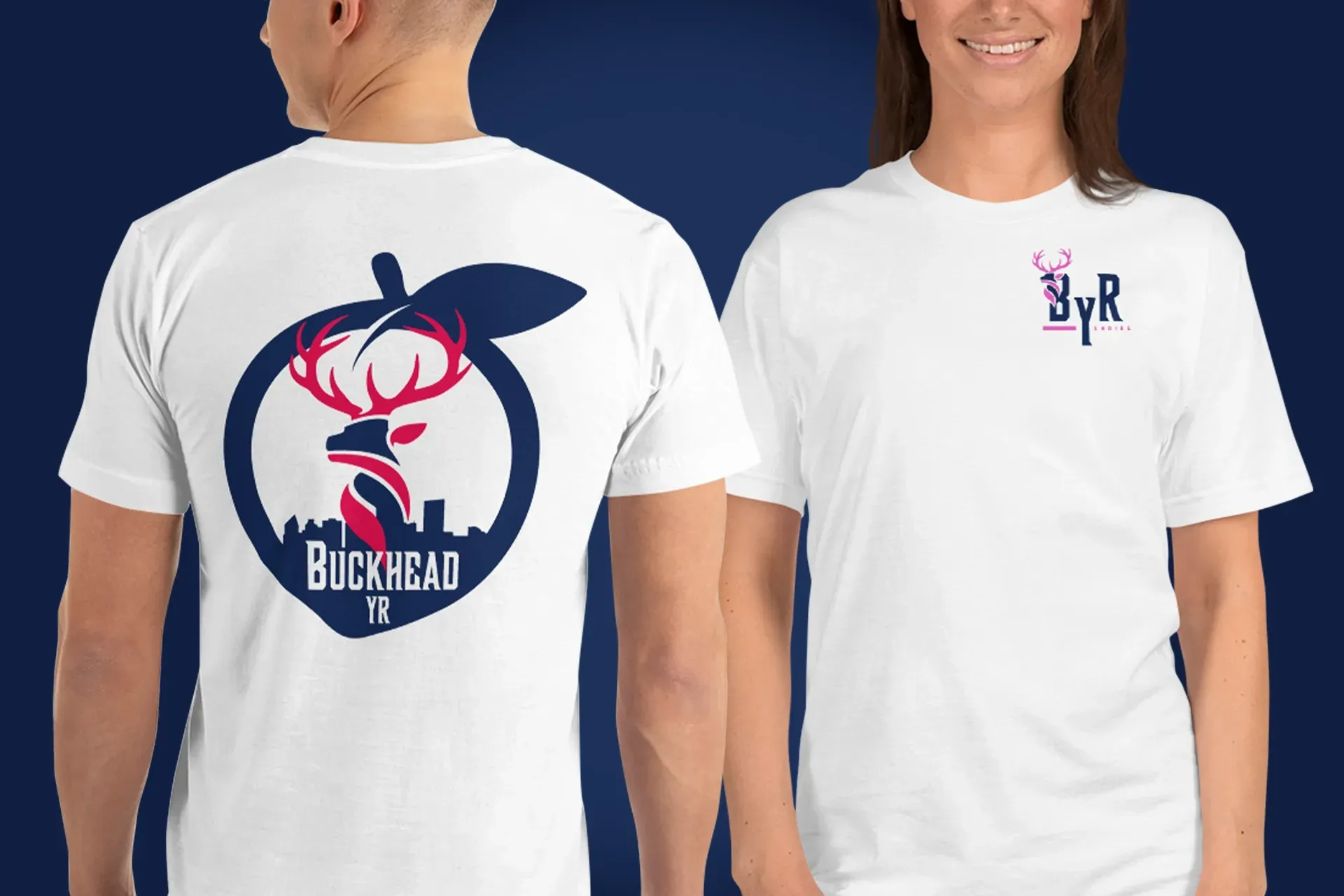 White T-shirt shown front and back with navy-and-red buckhead graphic and small chest logo