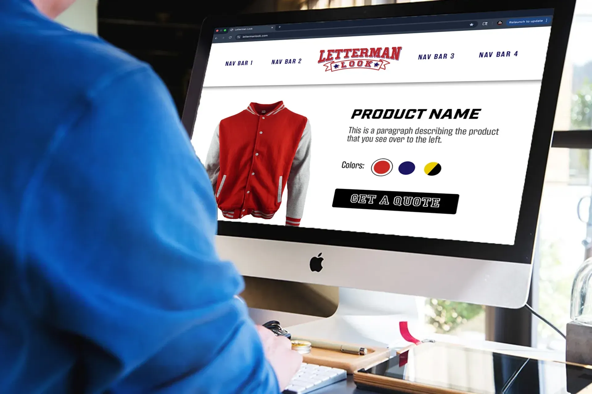 Person shopping on an iMac showing a red jacket product page with color options and a buy button