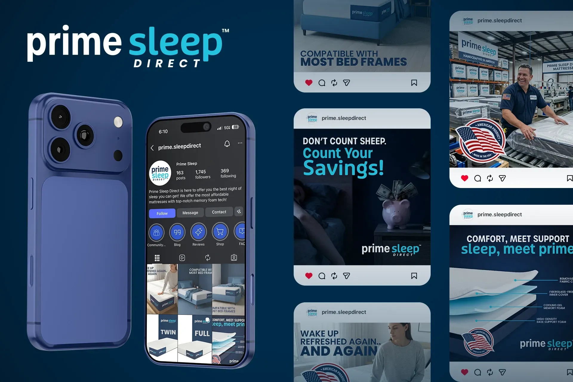Prime Sleep Direct promo collage with blue phone cases and savings ads on a dark blue background