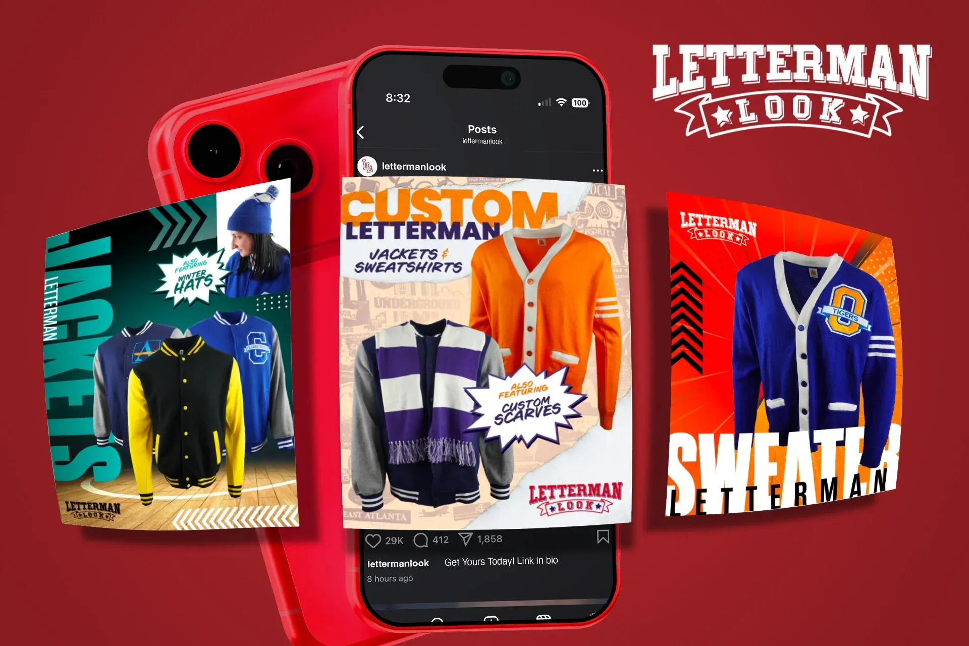 Promotional graphic for Letterman stock sweaters and custom letterman jackets on red background