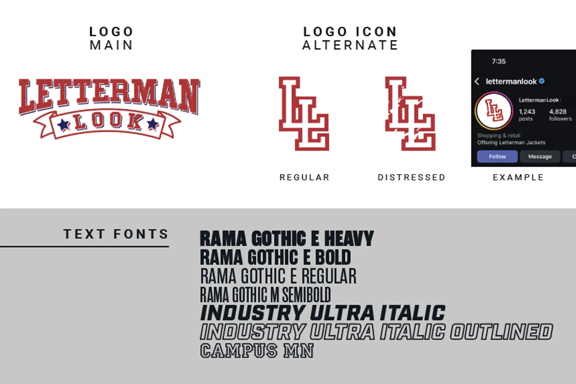 Red and white LETTERMAN logo with alternate monogram and bold text font samples on a design sheet