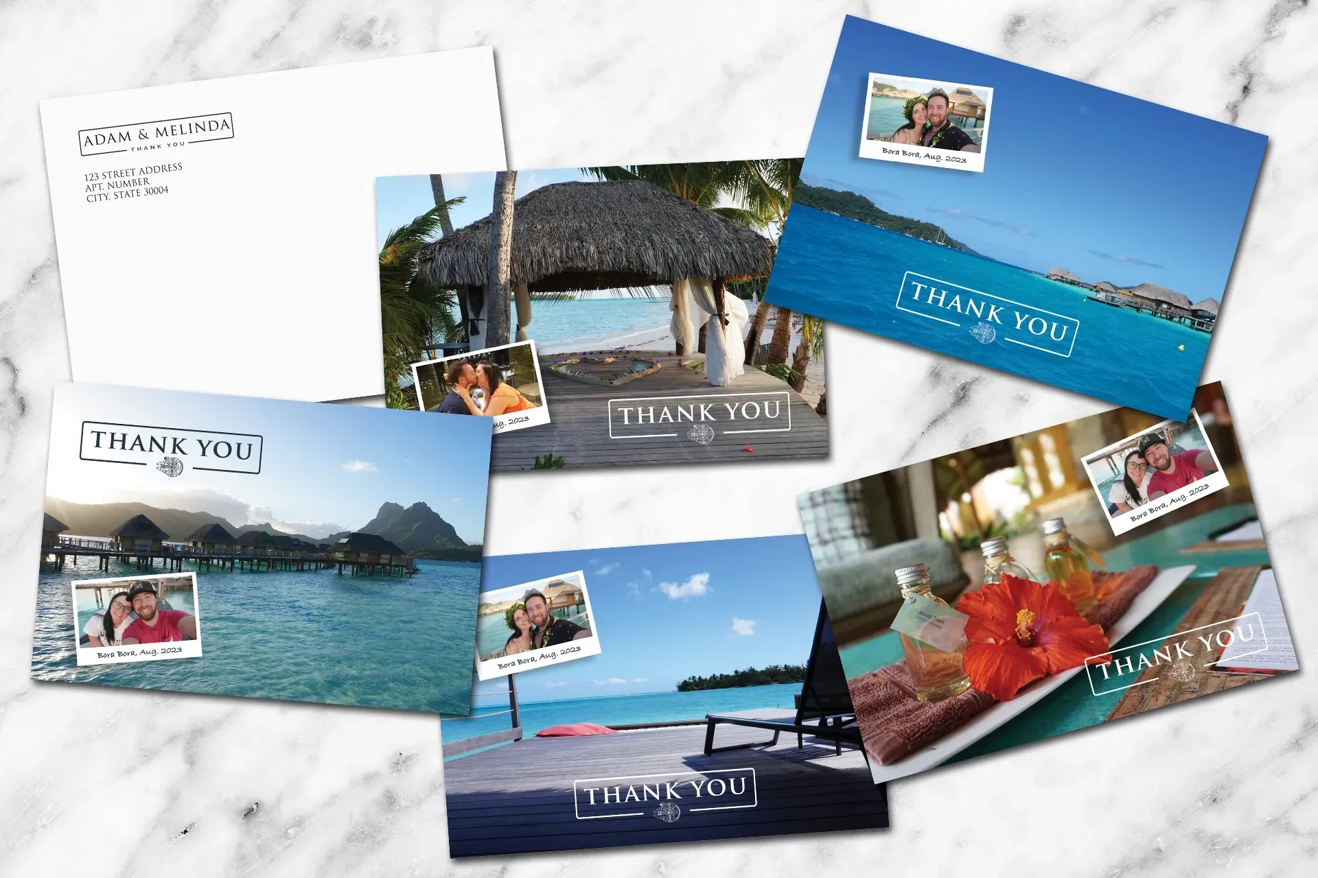 Collage of tropical vacation thank-you postcards with beach, hut, flowers, and blue ocean scenes