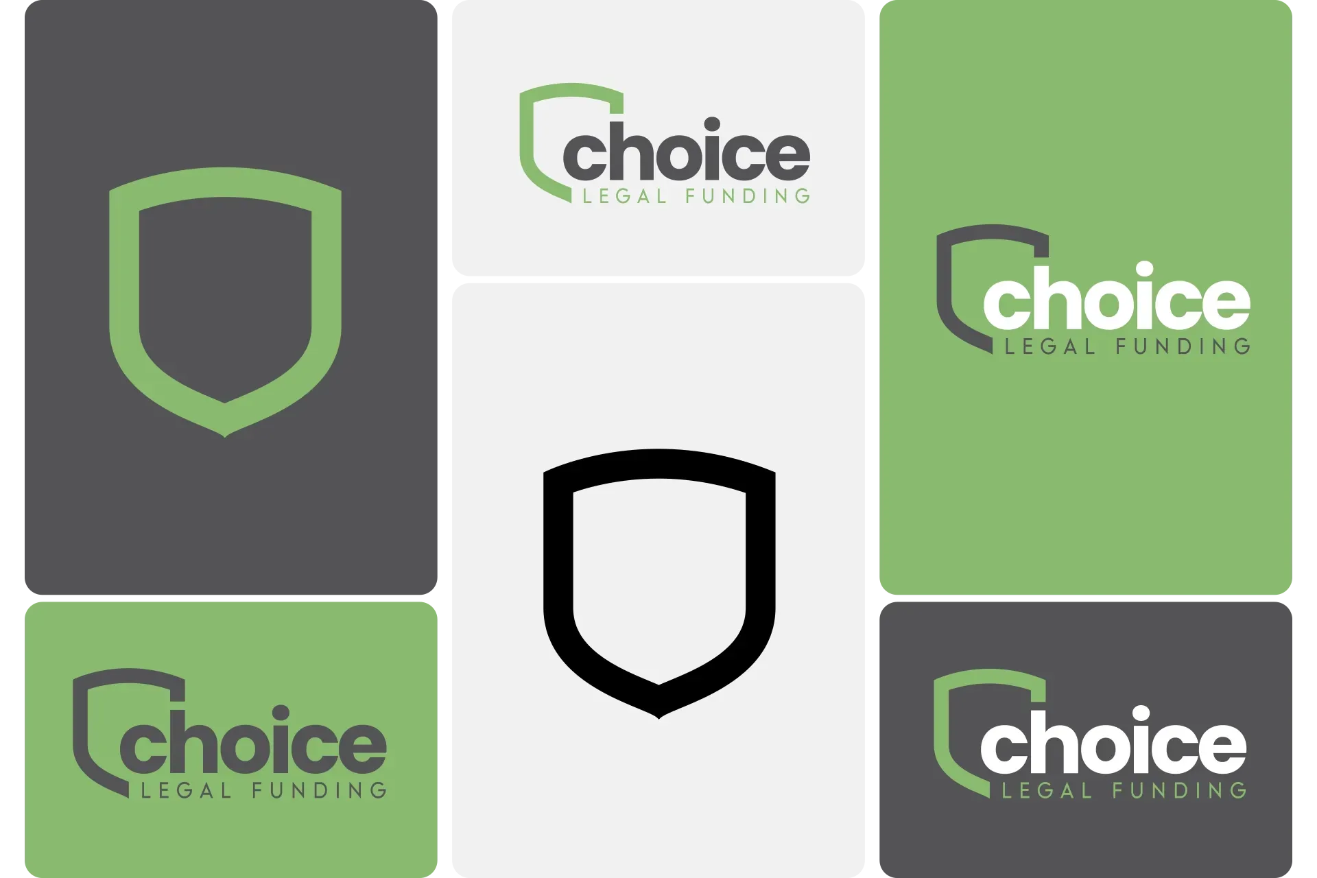 Choice Local Funding logo variations in green, gray, and black shield designs on a white background
