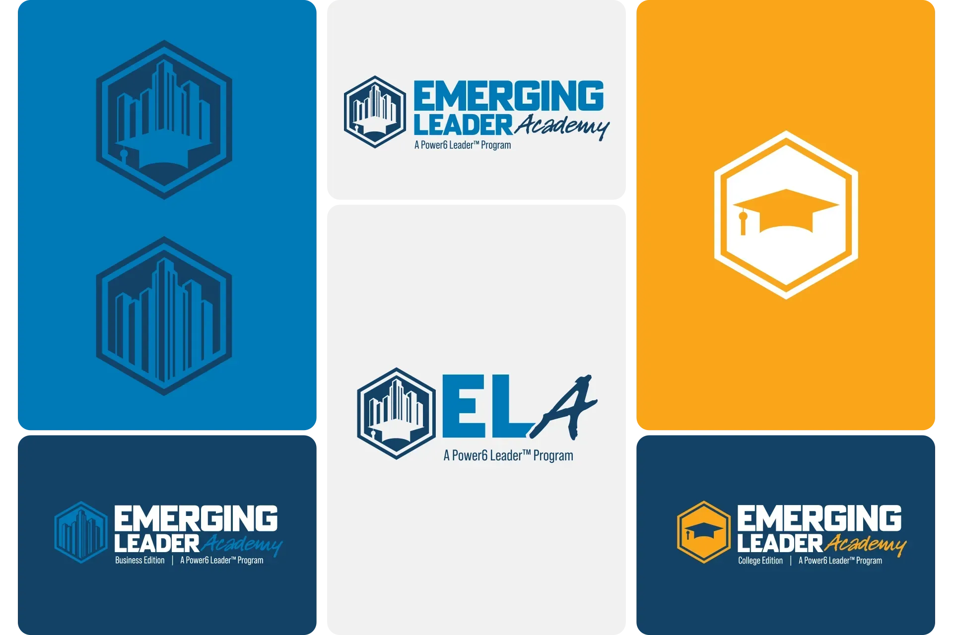 Collage of blue, white, and orange Emerging Leader Academy logos and hexagon icons