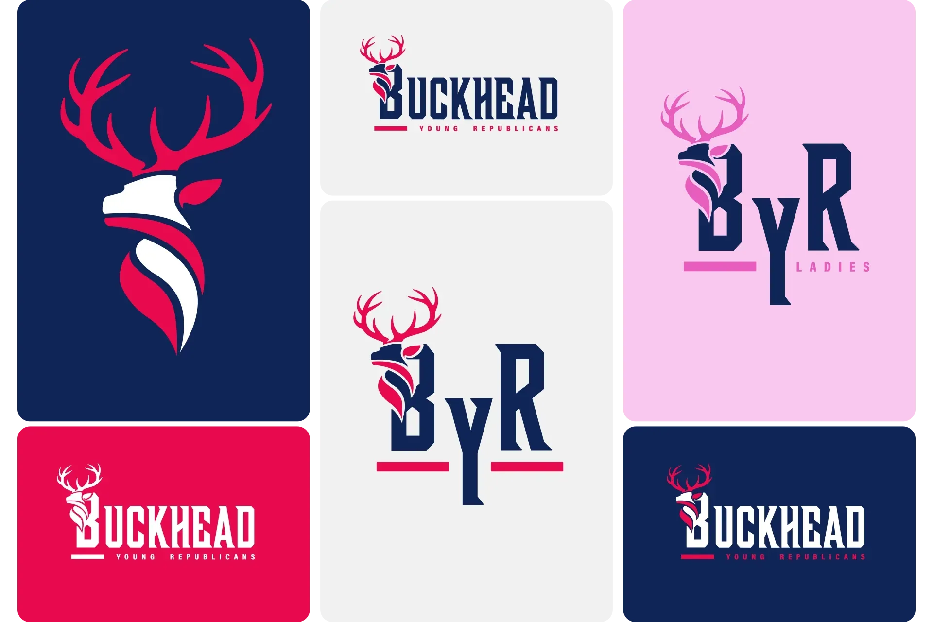 Logo mockup with stylized deer head and “BUCKHEAD”/“ByR” text in navy, pink, red, and white panels