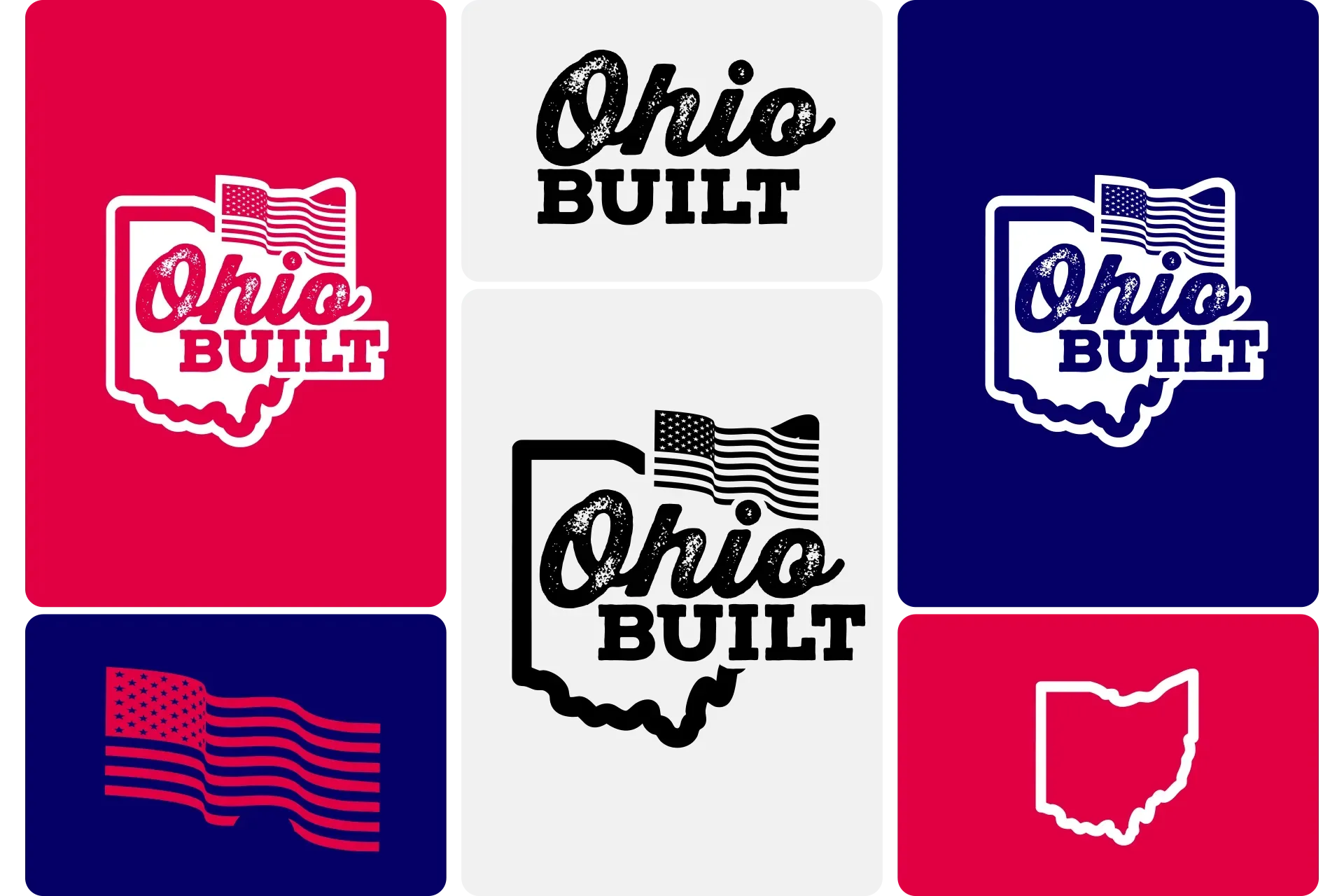 Ohio Built logos and Ohio outlines in red, white, blue, and black on a six-panel grid