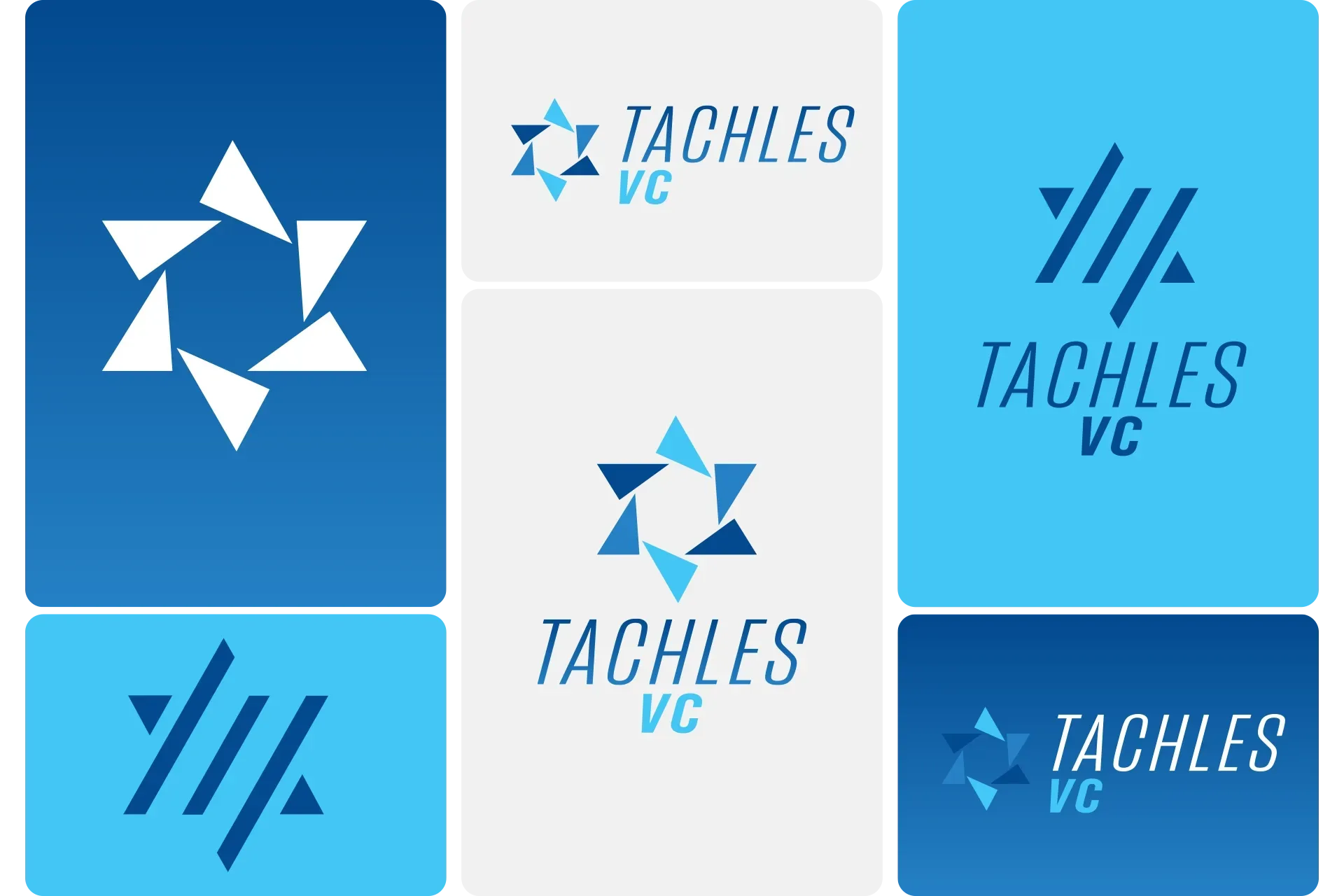 Blue and cyan TACHLES VC logo tiles in a six-panel grid