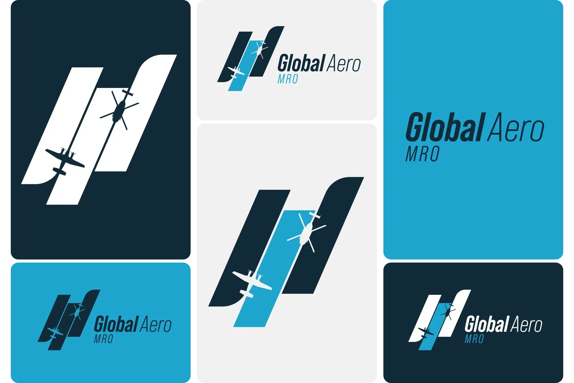 Six Global Aero logo variations in teal, navy, and white on a six-tile layout