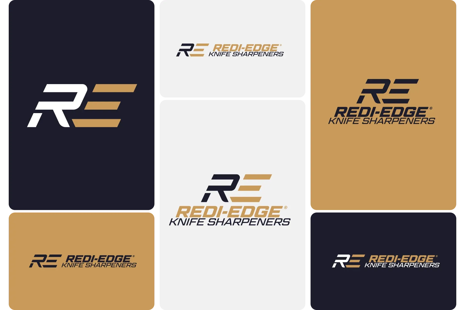 Red and gold “R2 Redi-Edge” logo variations on dark blue, white, and tan backgrounds.