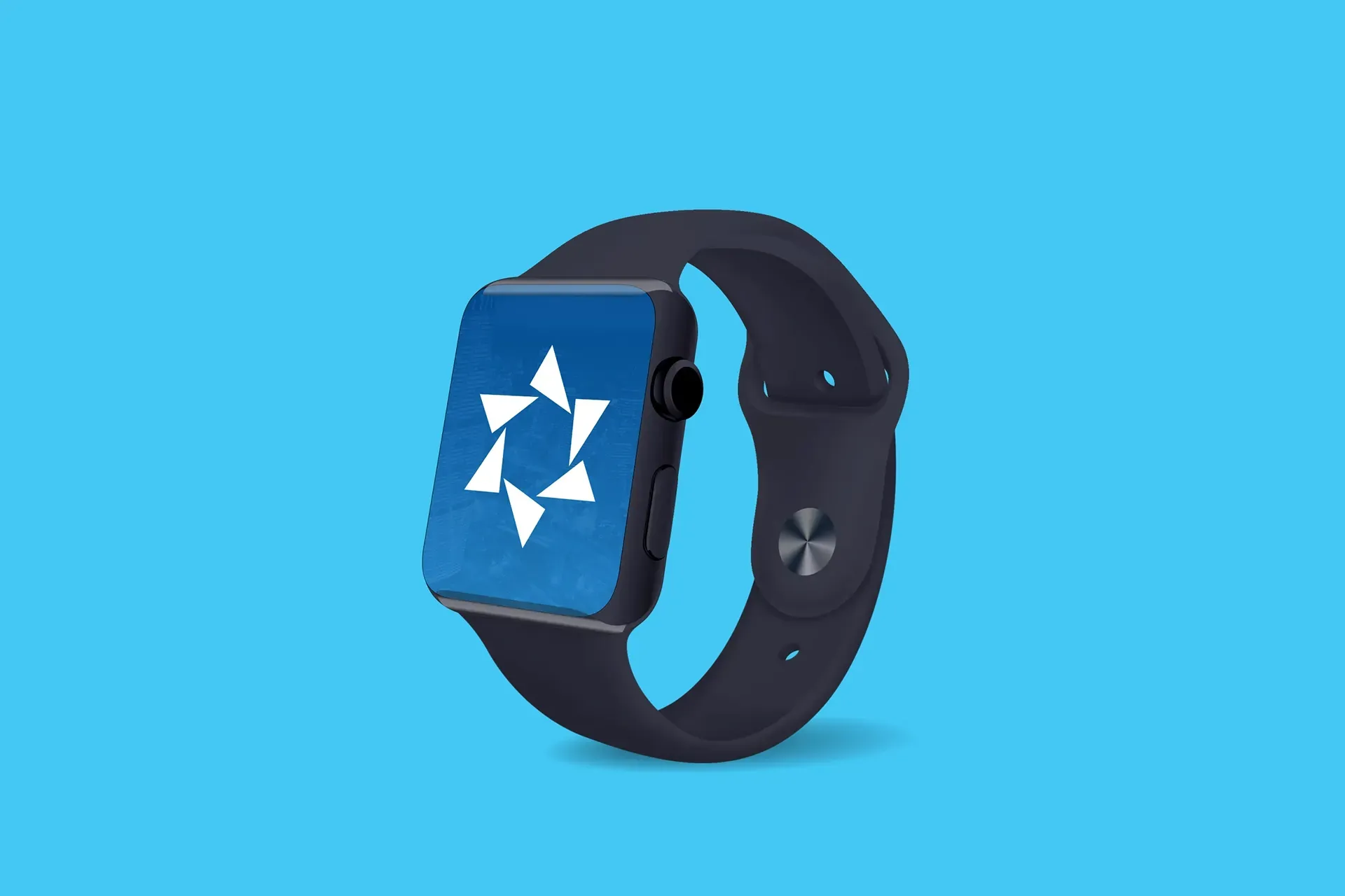 Blue smartwatch with a star logo on the screen and a black strap on a blue background