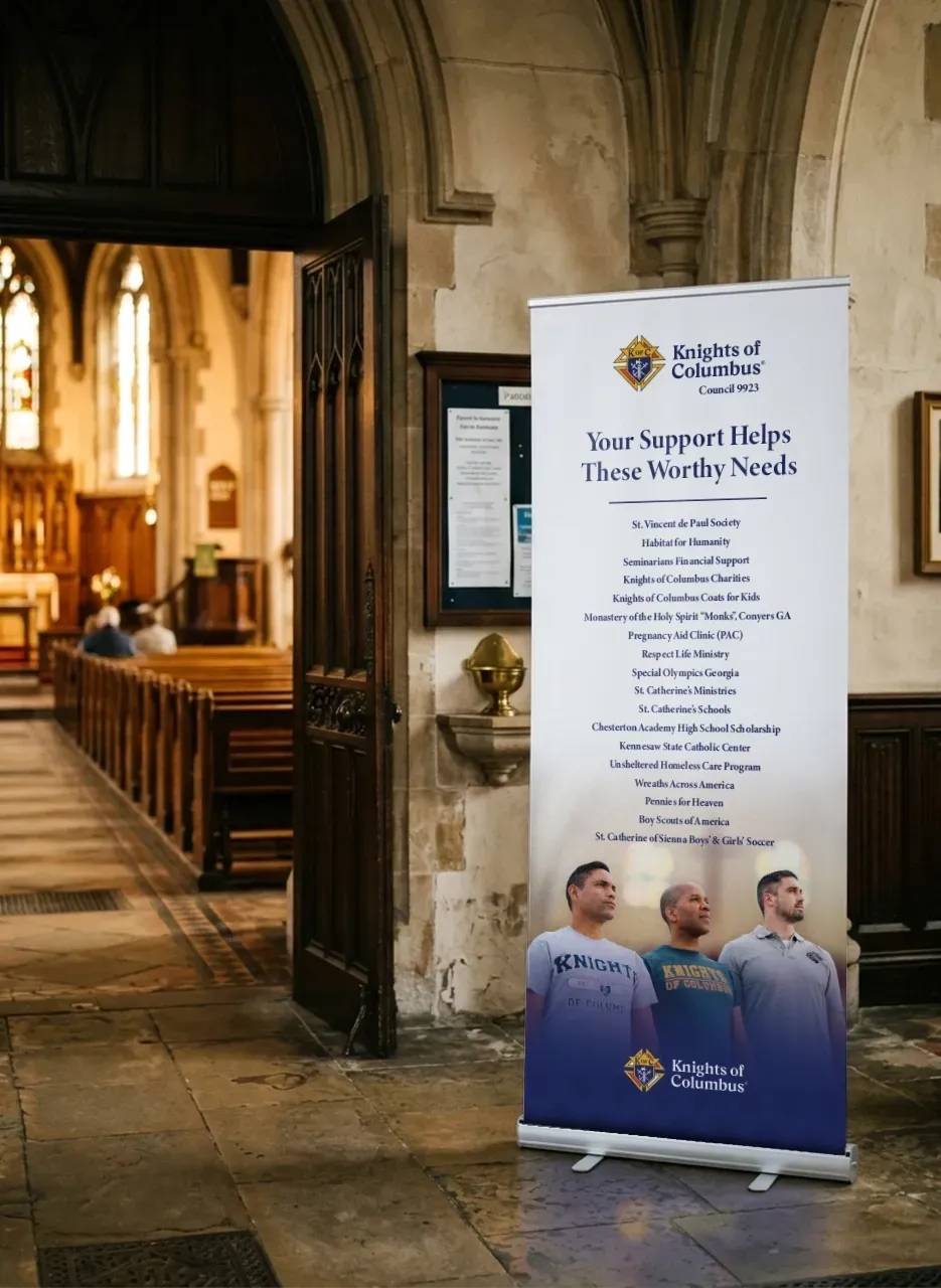 Church entrance with a tall blue-and-white event banner beside wooden pews and stone arches
