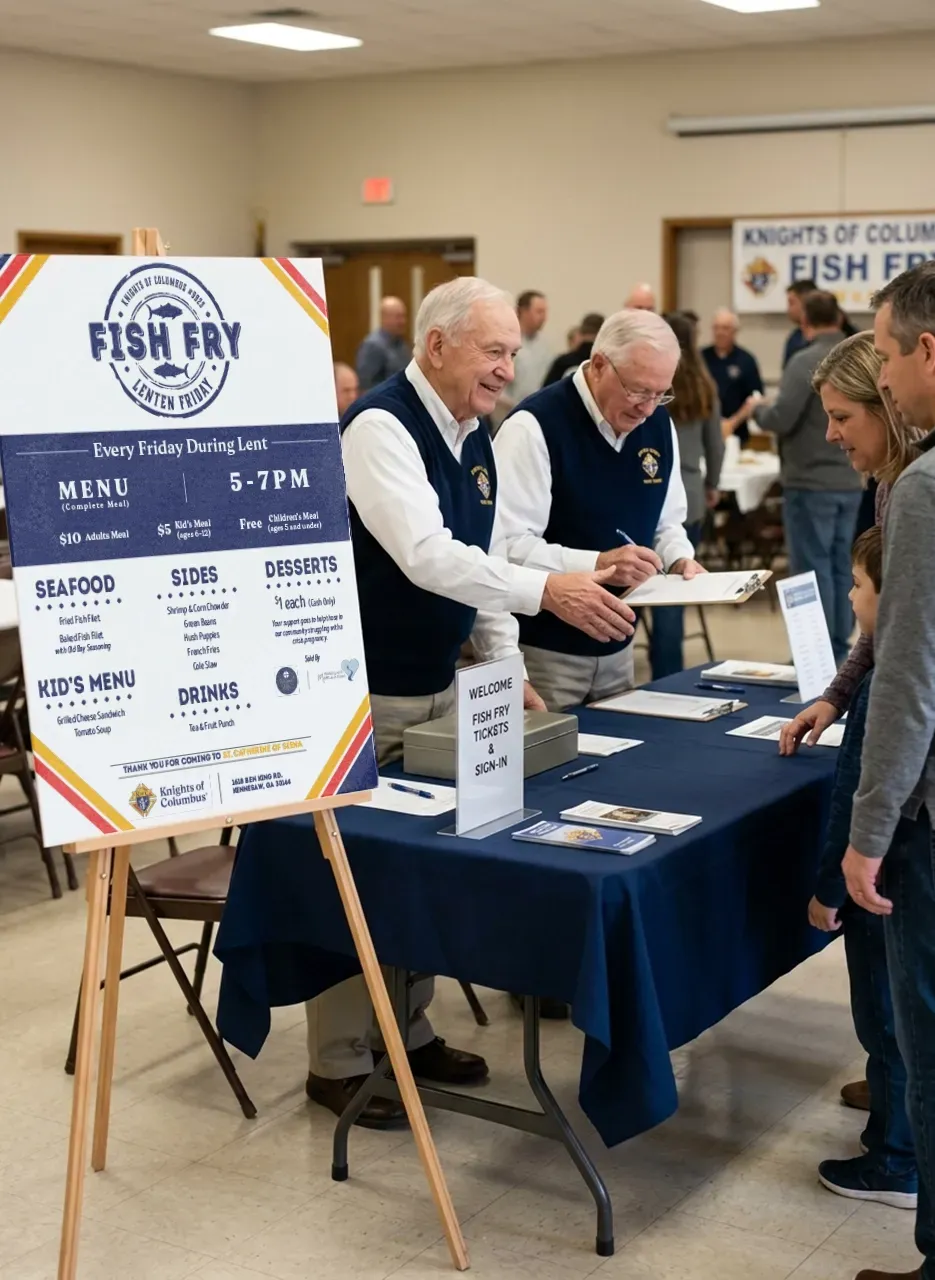 People at a Fish Fry booth handing out flyers at a community event table