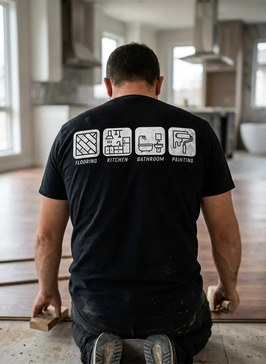 Man kneels on a floor, seen from behind, wearing a black shirt with white graphic panels.