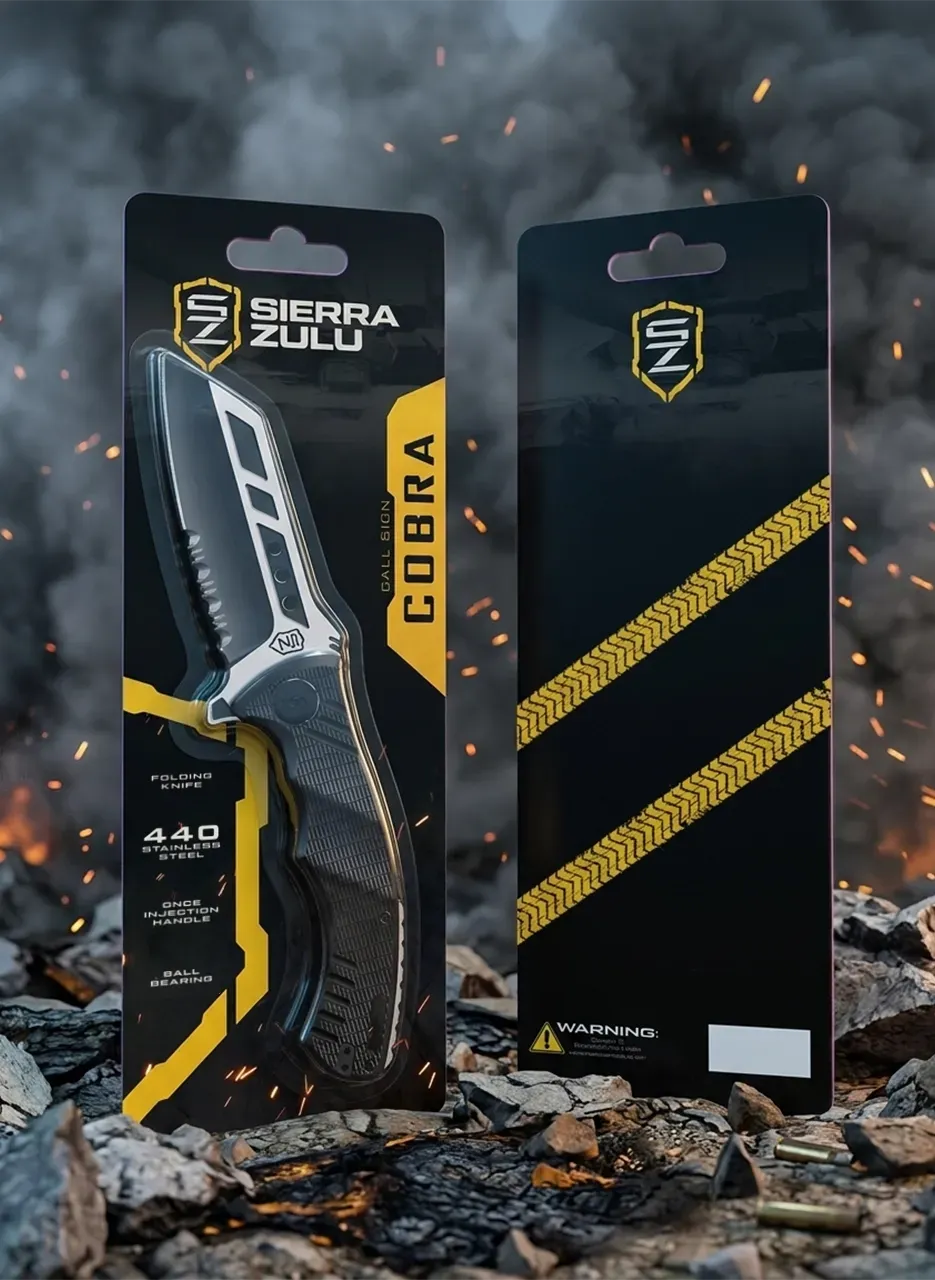 Black Cobra utility knife packaging with blade shown, on a smoky dark background with embers