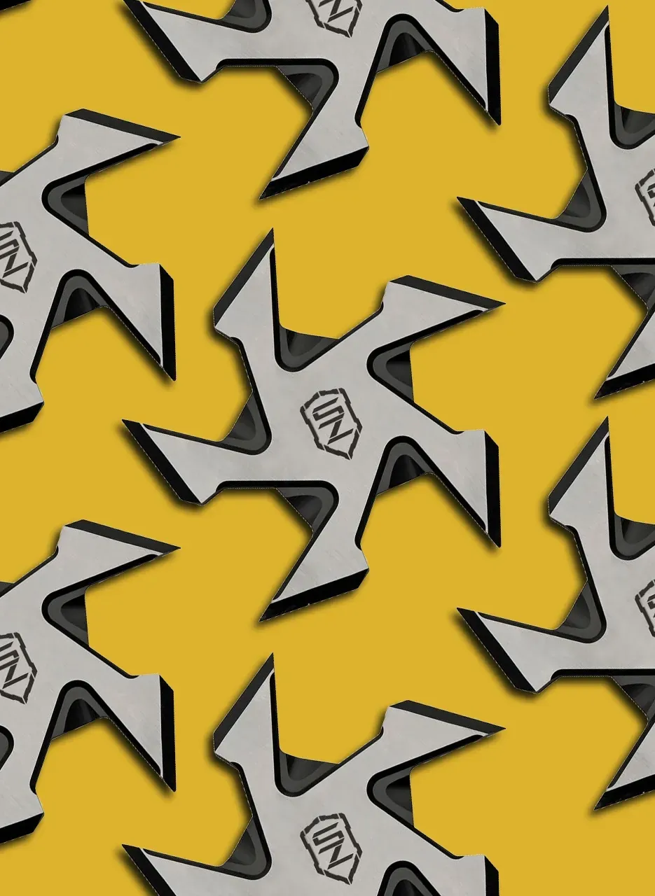 Abstract pattern of interlocking yellow and silver throwing stars on a light background