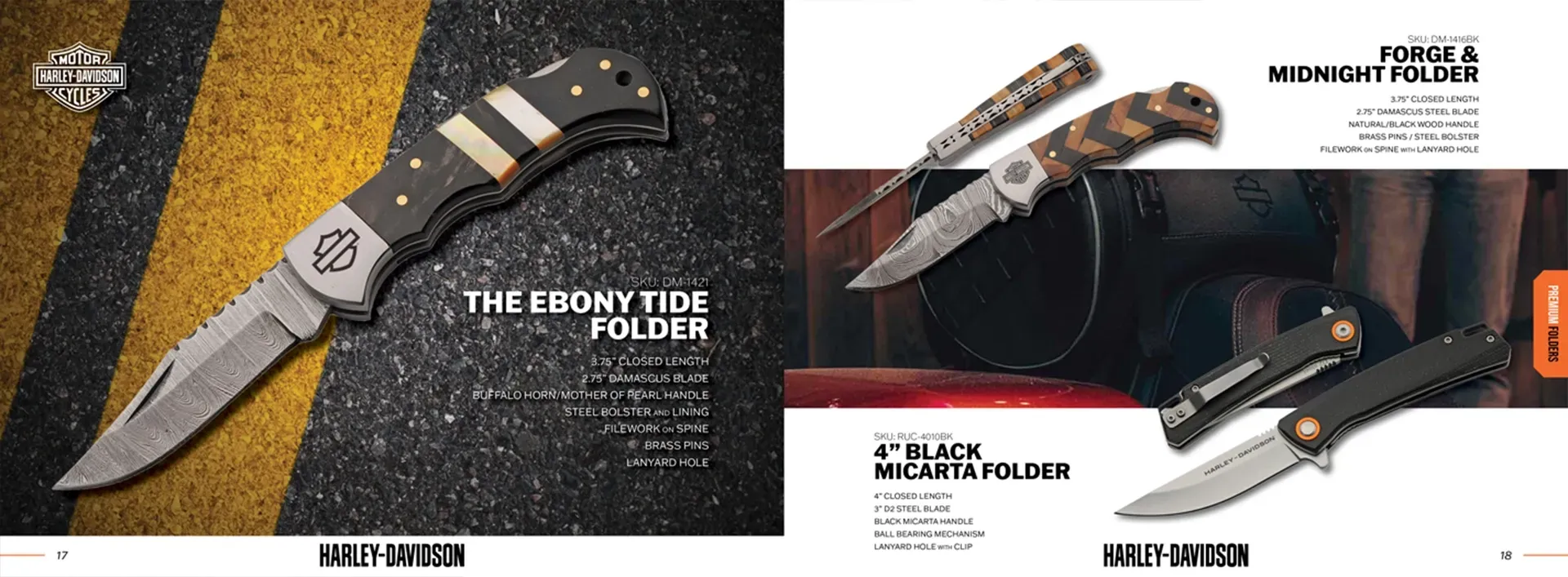 Collage of three black kitchen knives with textured handles and white logo text on a dark background