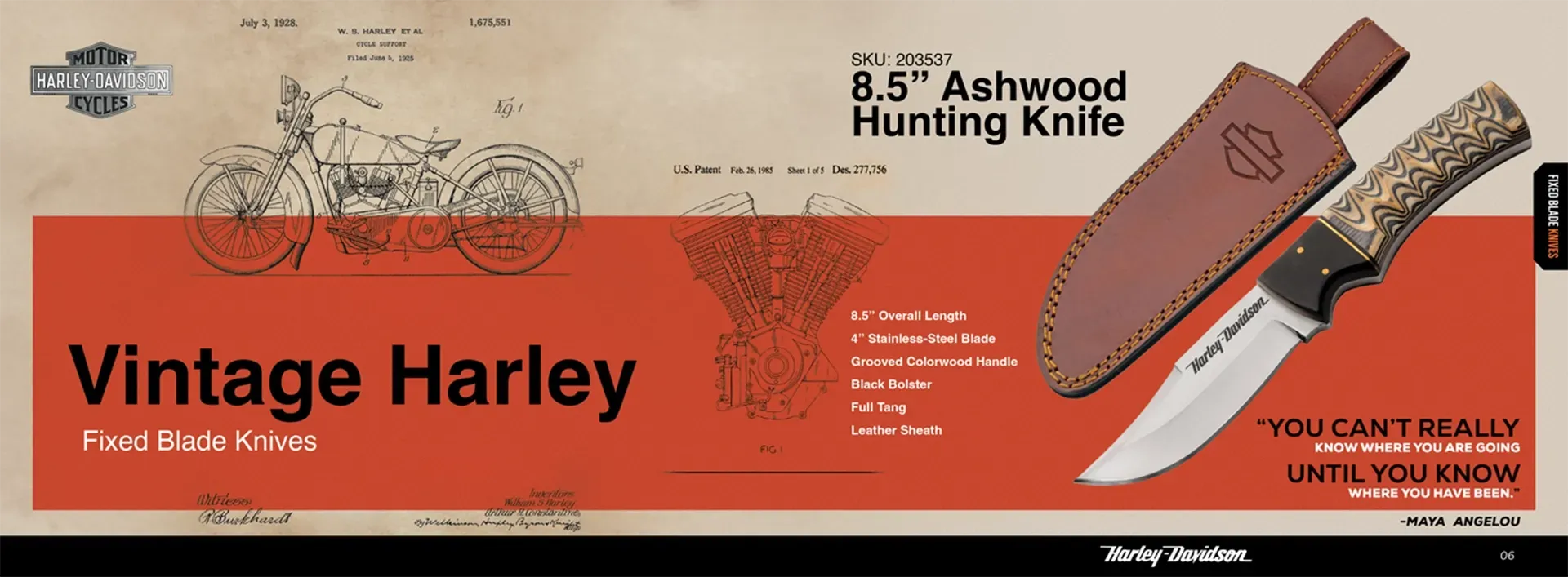 Vintage Harley hunting knife ad with orange background, knife illustration, and “8.5” Ashwood Hunting Knife” text